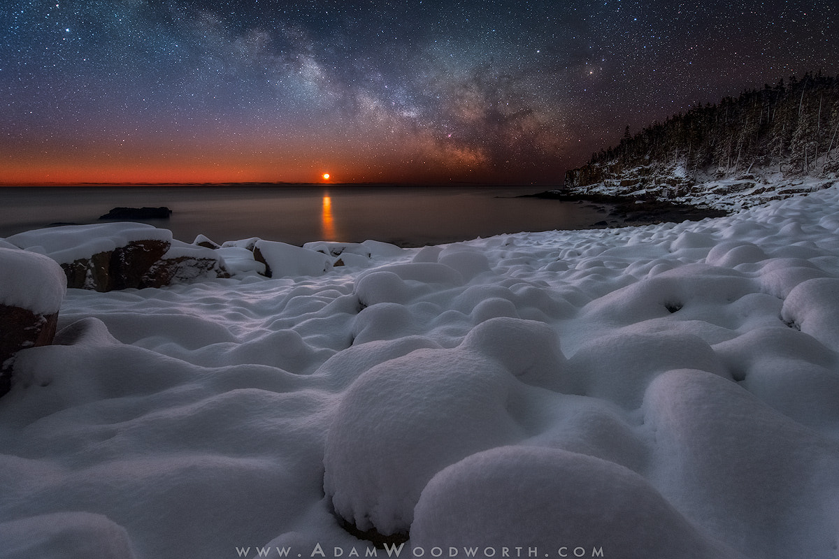 Nikon D810A sample photo. Fresh snow and milky way moonrise at boulder beach photography