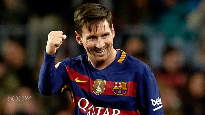 SOCCER Barcelona Lionel Messi celebrates scoring nd goal MM PI vadapt high