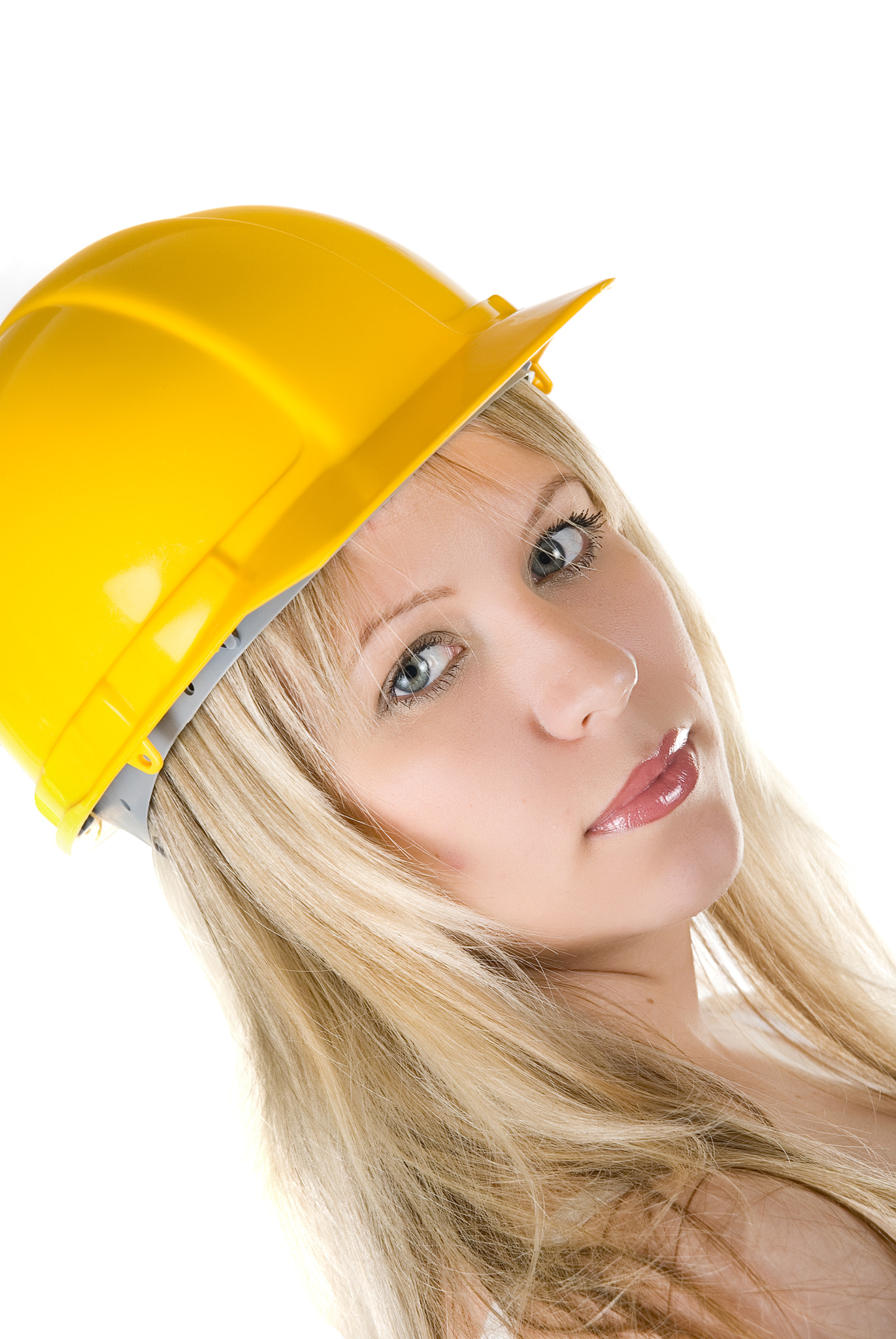 blond in yellow building helmet