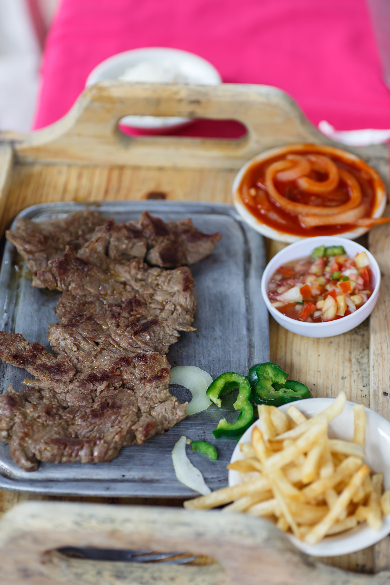 Tamron SP AF 90mm F2.8 Di Macro sample photo. Beef steak on table served with potatoes, sauce and vegetables photography