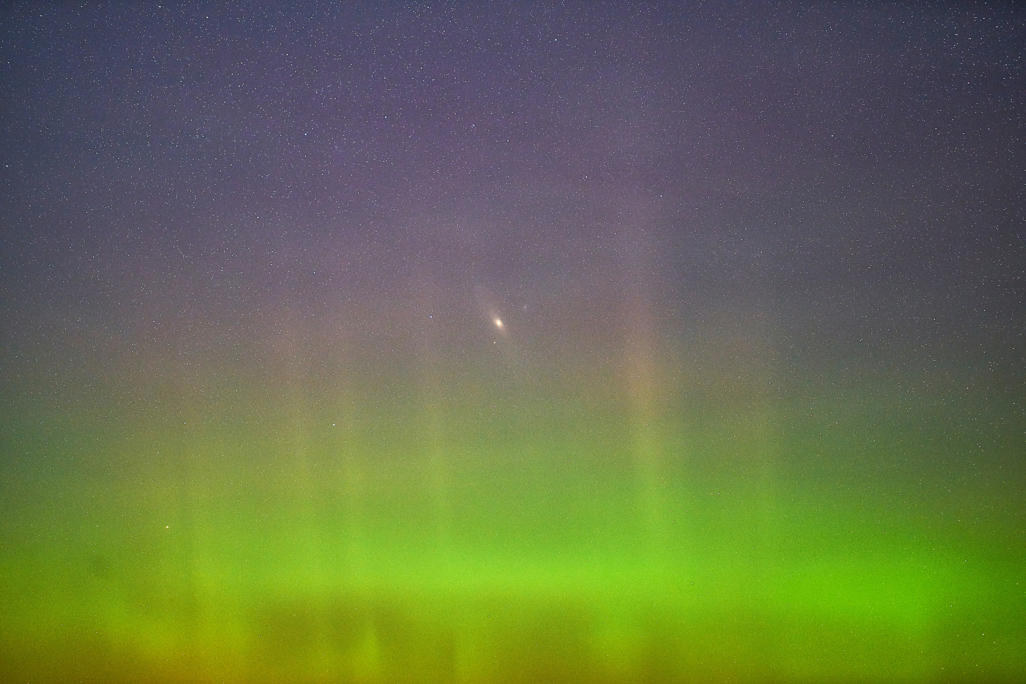 100mm F2.8 G SSM OSS sample photo. Andromeda photo-bombed by aurora borealis photography