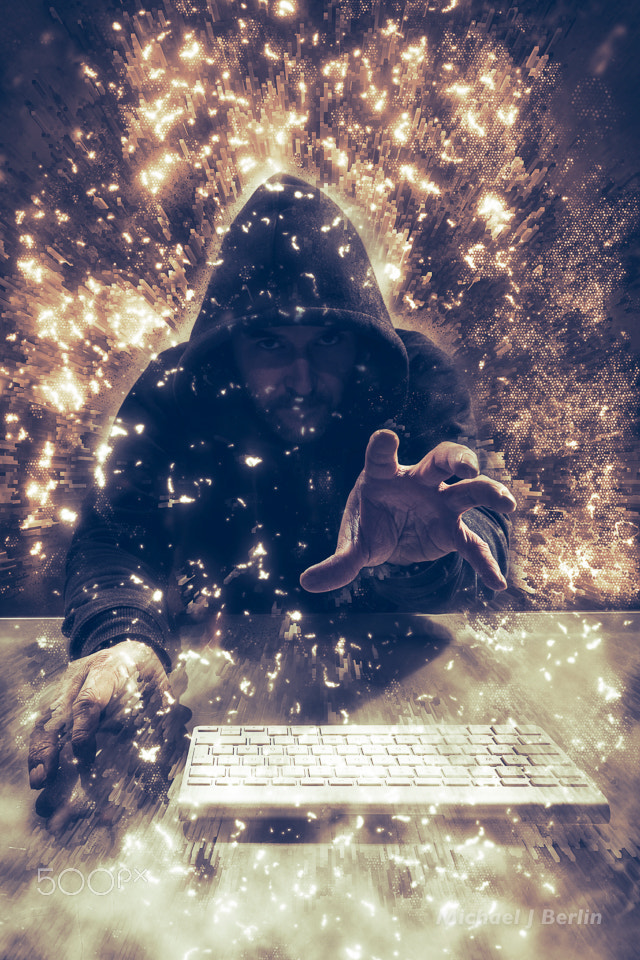 Computer hacker reaching out with hand, dynamic composing