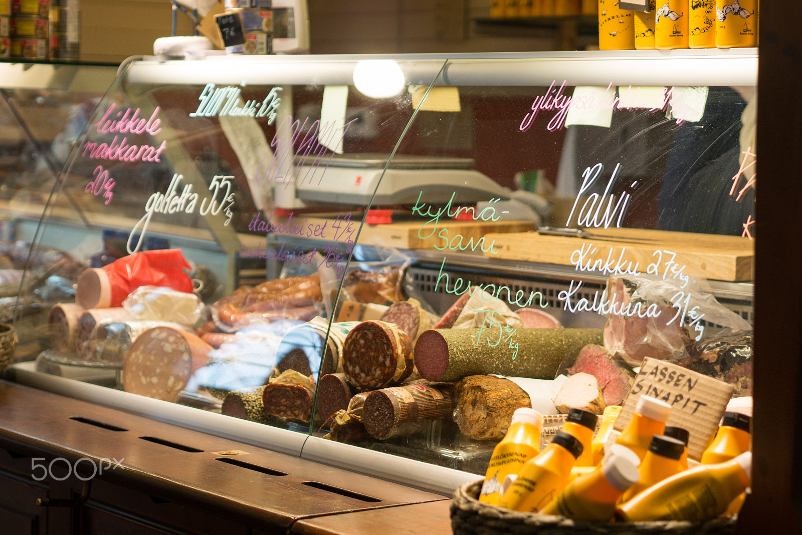 Panasonic Lumix DMC-GF7 + Olympus M.Zuiko Digital 45mm F1.8 sample photo. Ham and sausages in old market hall photography