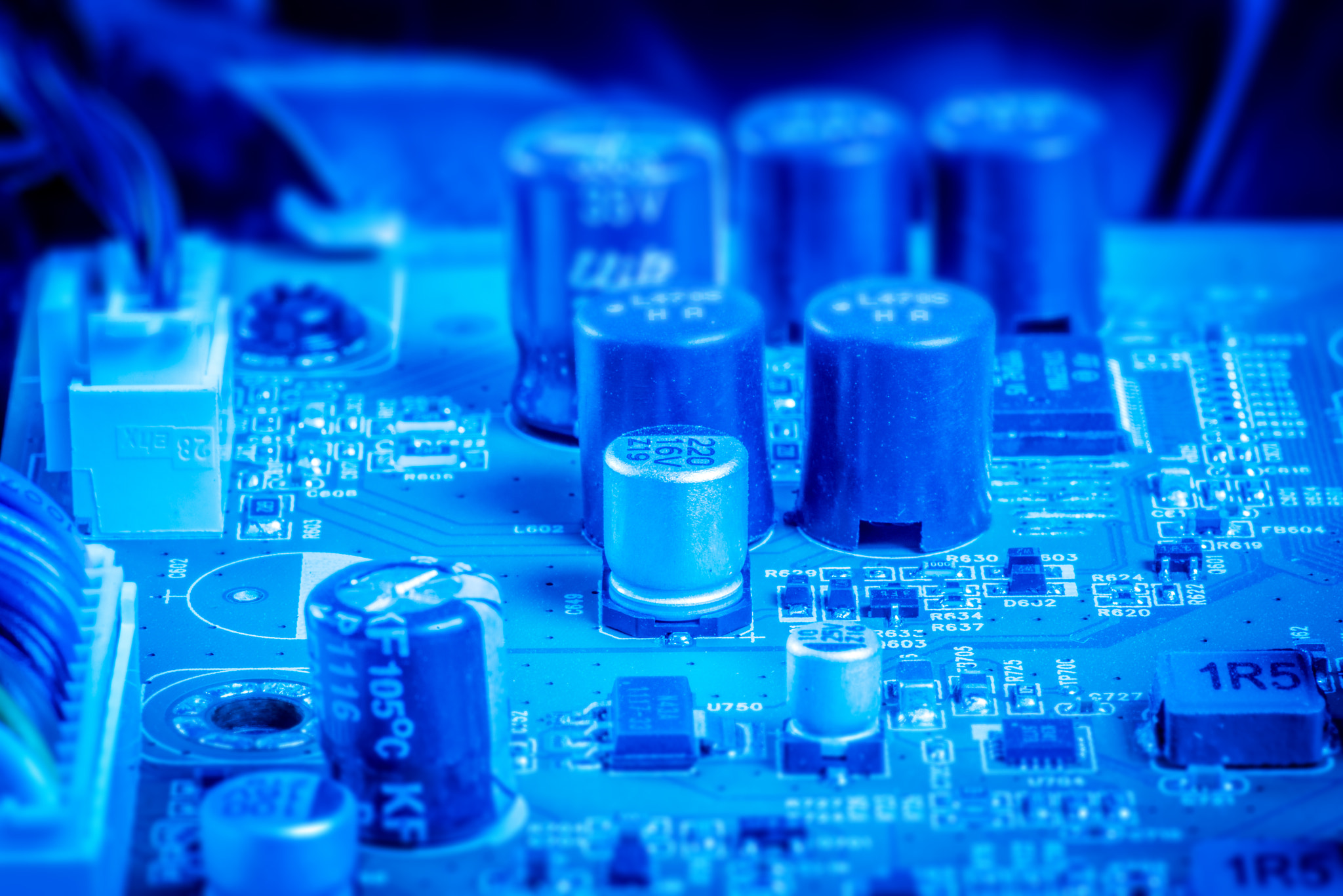Sony a7R + Minolta AF 100mm F2.8 Macro [New] sample photo. Power capacitors and chips in blue color photography