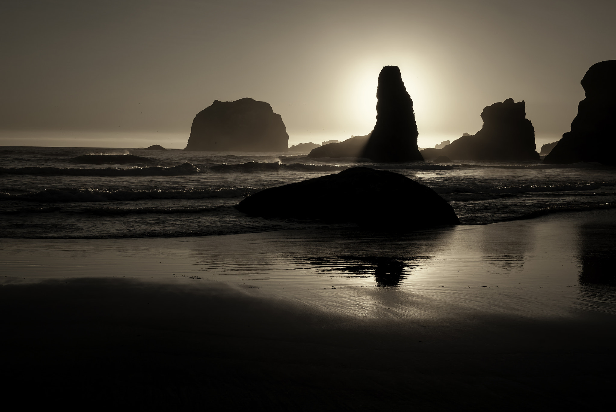 Nikon D200 sample photo. Sea stacks at bandon beach - sepia photography