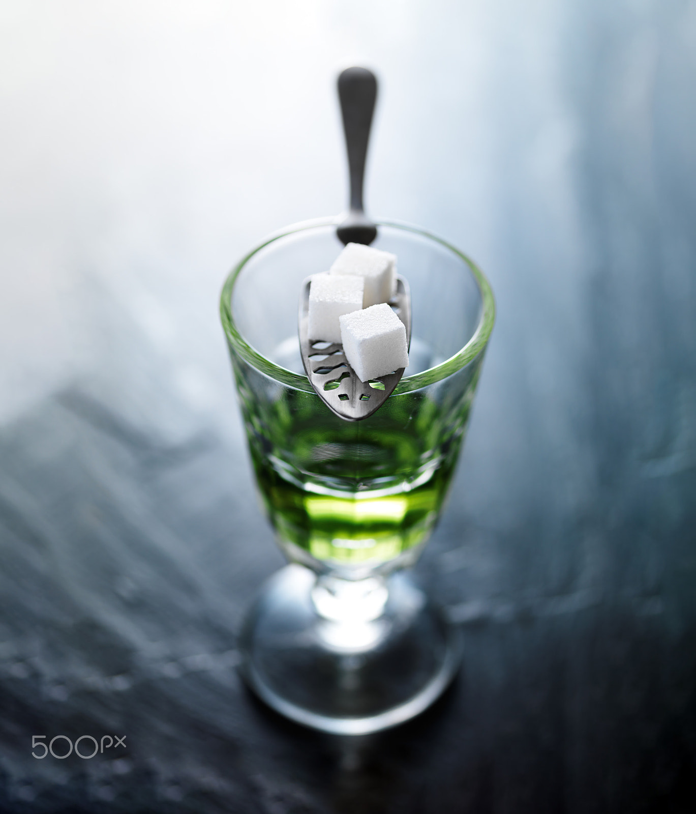 HC 120 sample photo. Absinthe in pontarlier glass with spoon and sugar cubes photography