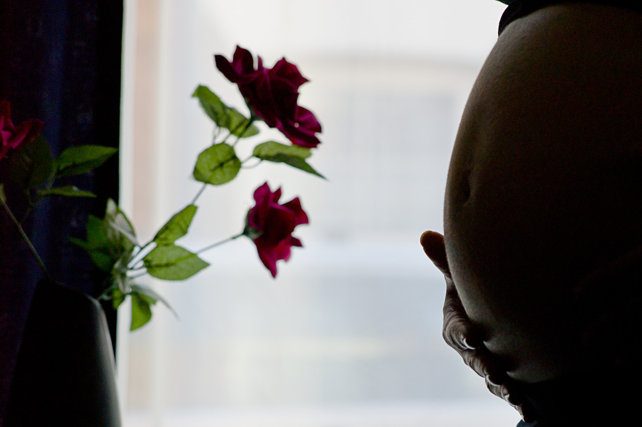 Leica M9 + Leica Summarit-M 75mm F2.5 sample photo. Pregnant woman belly with the window with roses and her husband's hand. color photo... photography