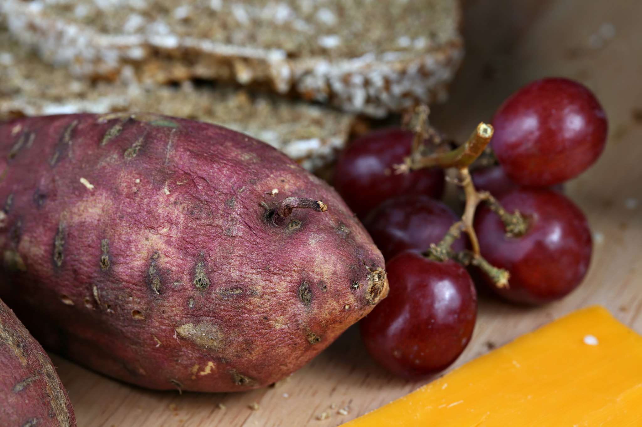 Canon EOS 5D + Canon EF 100mm F2.8 Macro USM sample photo. Yams, grapes, and cheese photography
