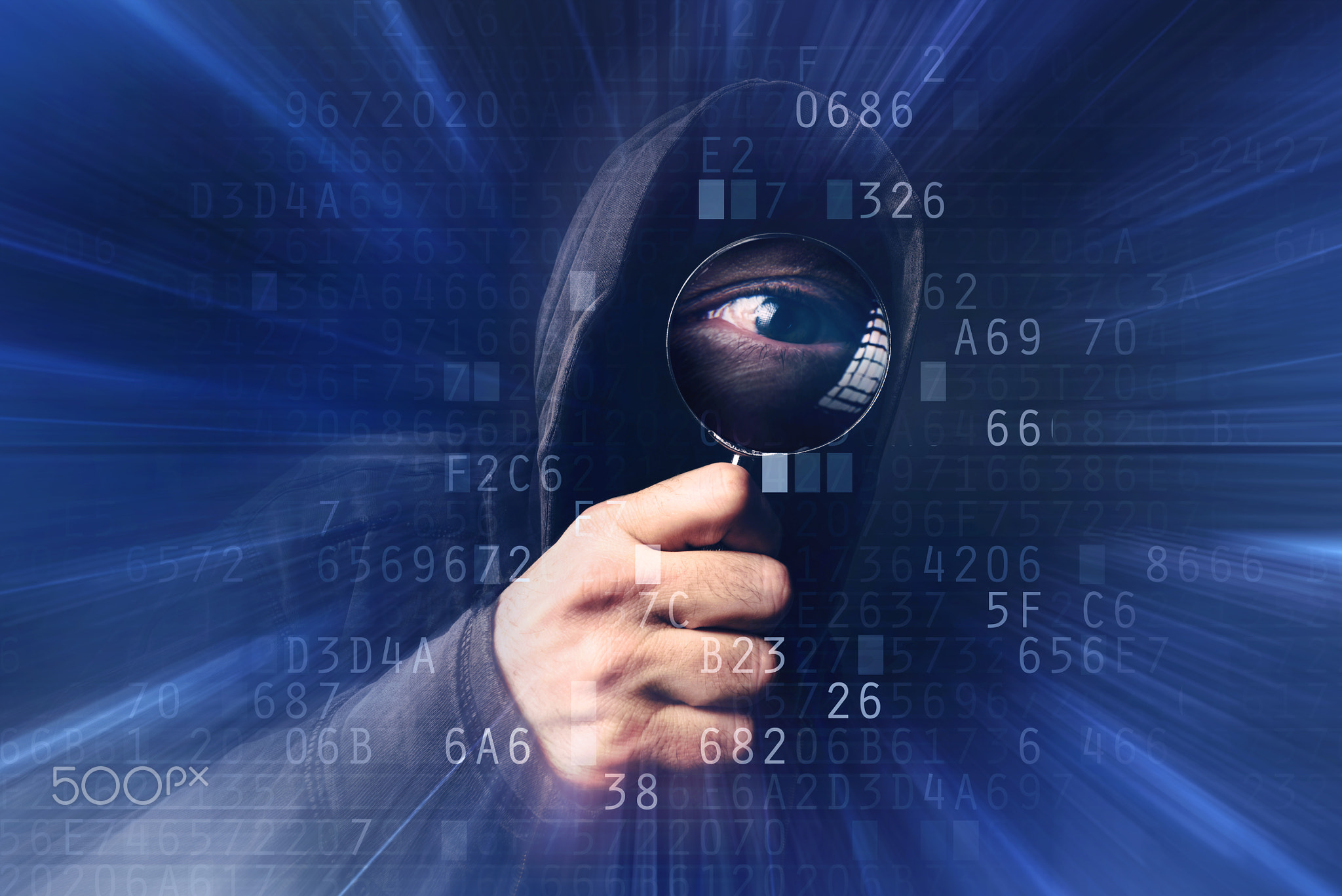 Spyware software, hooded hacker with magnifying glass analyzing