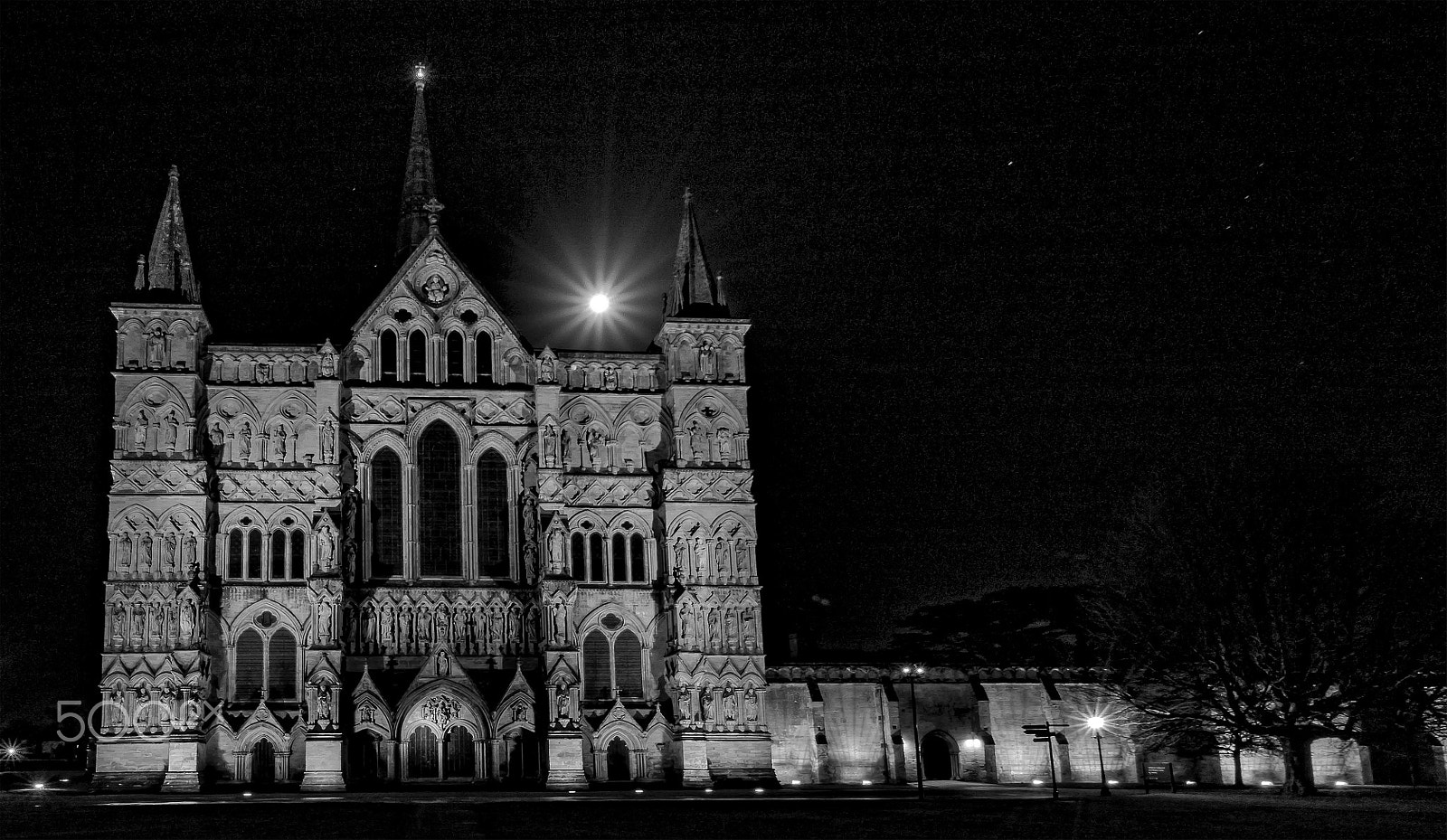 Canon EOS 750D (EOS Rebel T6i / EOS Kiss X8i) + Canon EF-S 10-18mm F4.5–5.6 IS STM sample photo. Moon rising over salisbury cathedral bw photography