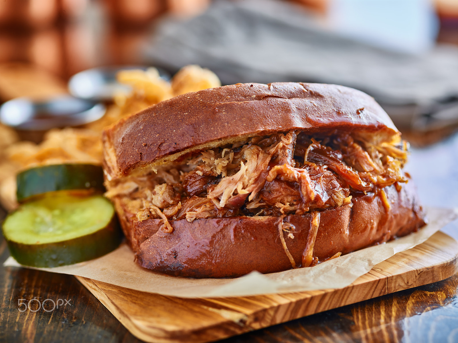 Phase One P65+ sample photo. Barbecue pulled pork sandwich with dripping sauce served with pickles photography