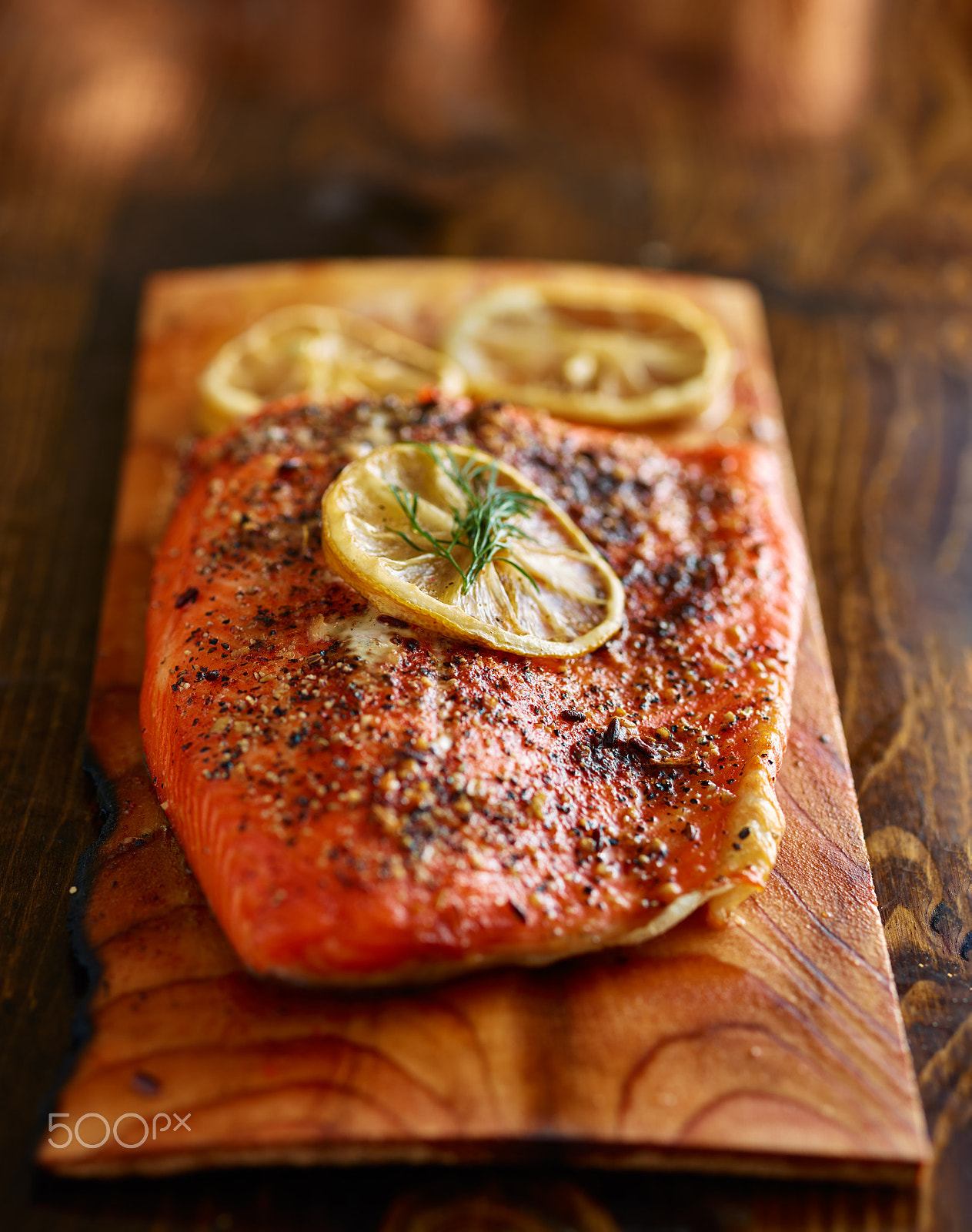 Phase One P65+ sample photo. Seasoned salmon cooked on cedar plank with dill and lemon photography