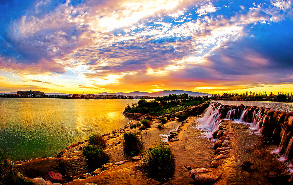 Nikon D700 + Sigma 15mm F2.8 EX DG Diagonal Fisheye sample photo. Sunset of wet land photography