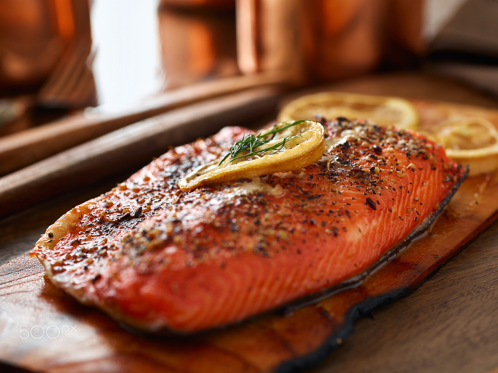 Phase One P65+ sample photo. Salmon cooked with cedar plank technique photography