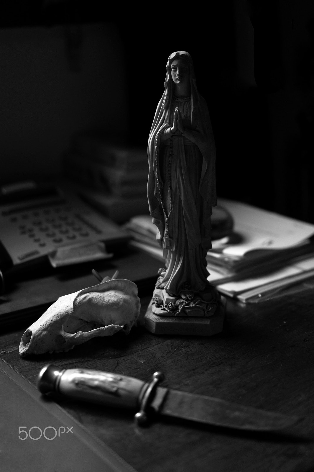 Sony Alpha a3000 + Sony E 35mm F1.8 OSS sample photo. Mother mary, badger skull and knife photography