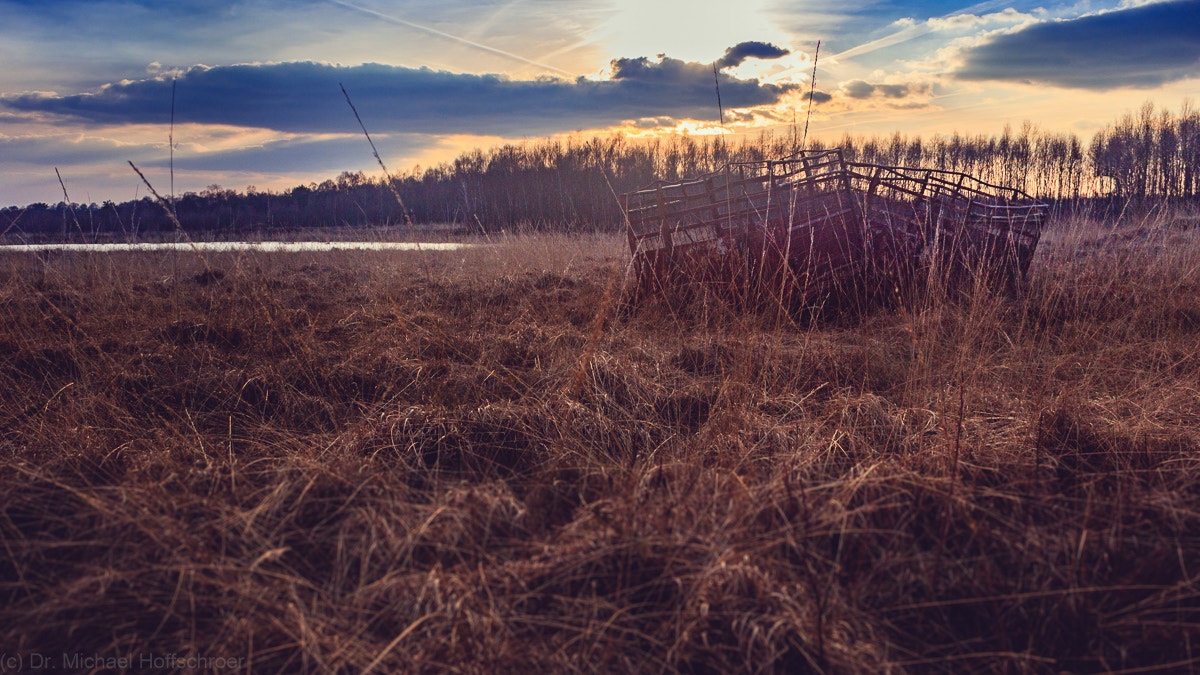 Canon EF-S 18-55mm F3.5-5.6 sample photo. Old railcars in sunset over moor photography