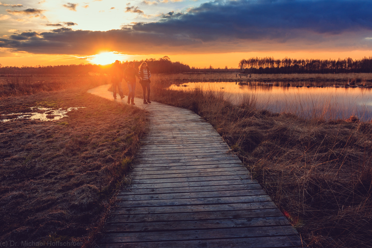 Canon EF-S 18-55mm F3.5-5.6 sample photo. Family walking over footbridge in sunset at swamp photography