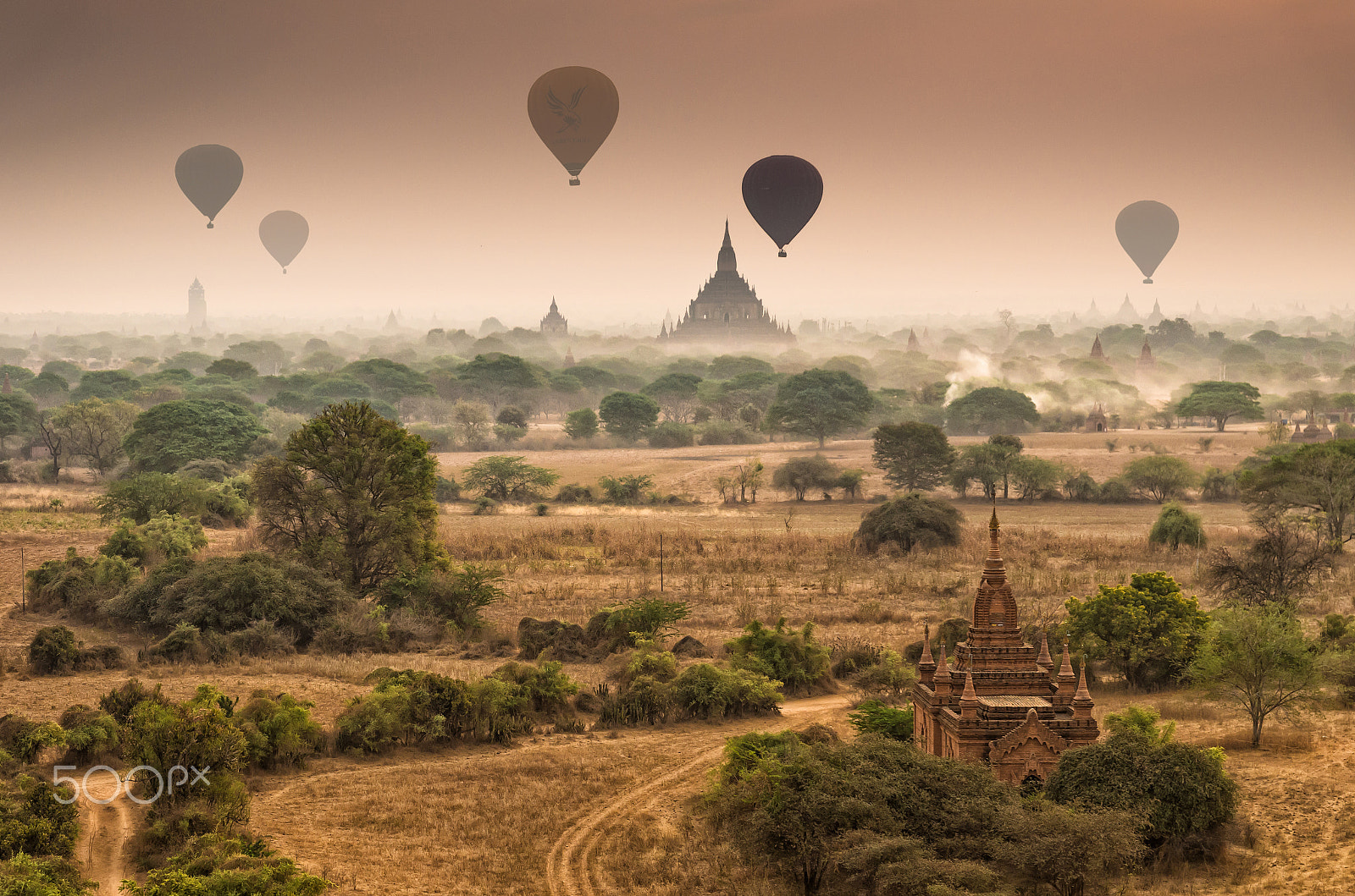 Pentax K-5 IIs sample photo. Ancient temples in bagan with hot air on the sky at sunrise time photography