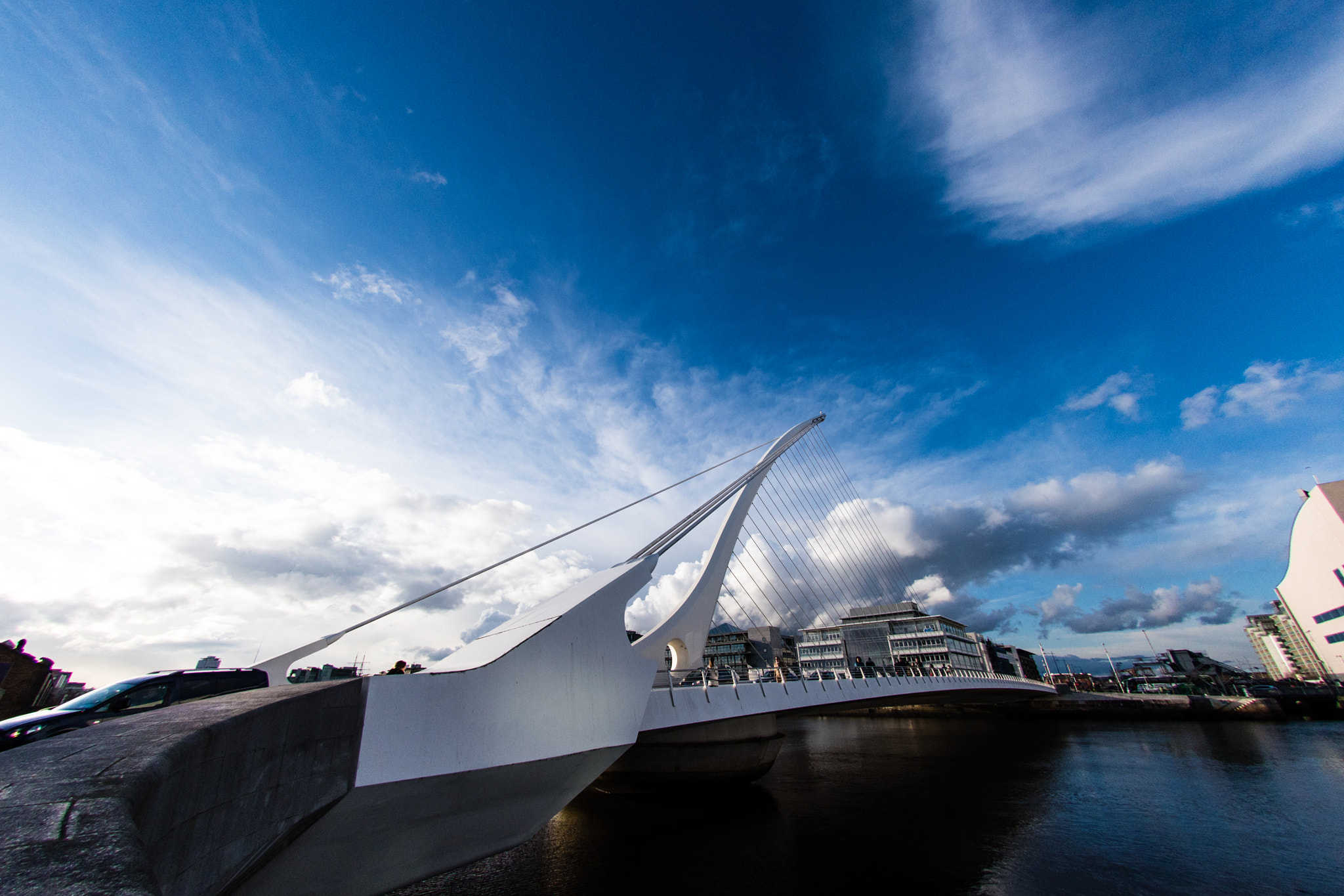 Nikon AF DX Fisheye-Nikkor 10.5mm F2.8G ED sample photo. Views of the samuel beckett bridge in the evening photography