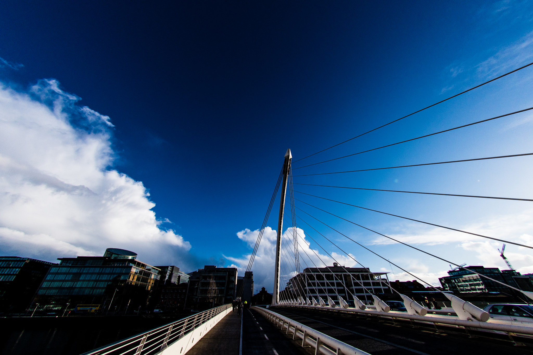 Nikon AF DX Fisheye-Nikkor 10.5mm F2.8G ED sample photo. Views of the samuel beckett bridge in the evening photography
