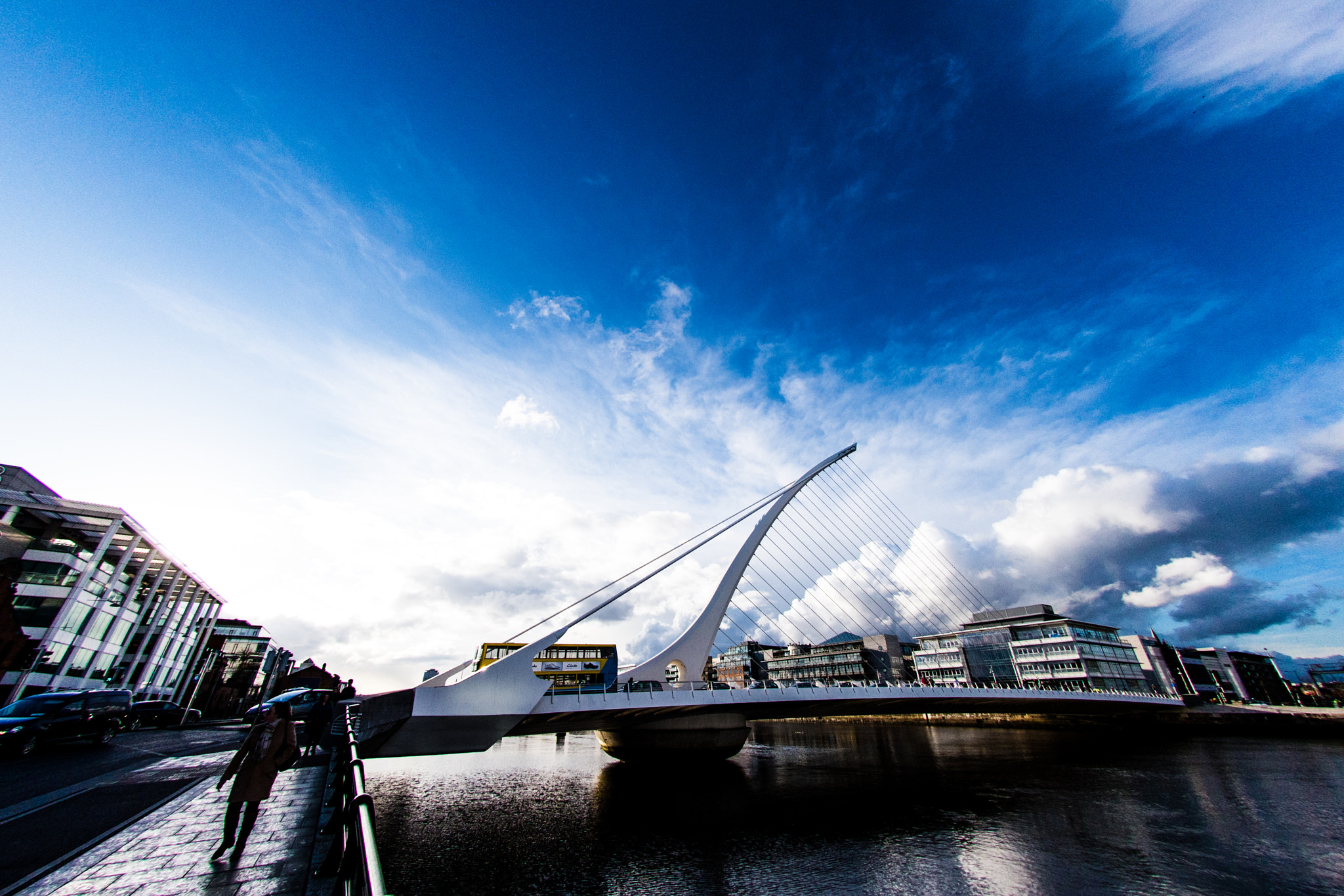 Nikon AF DX Fisheye-Nikkor 10.5mm F2.8G ED sample photo. Views of the samuel beckett bridge in the evening photography