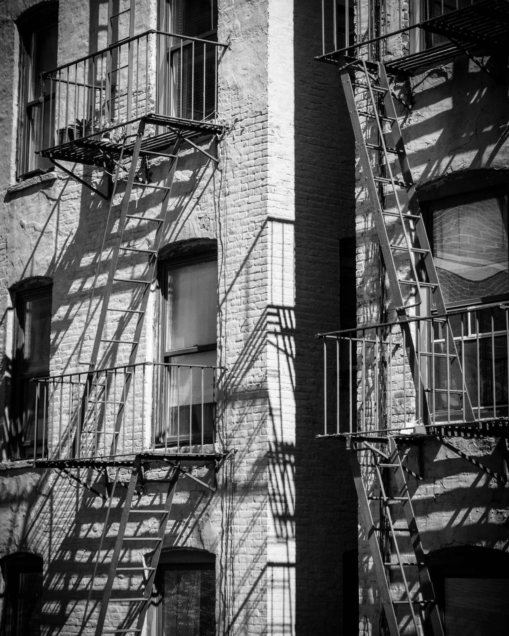 Olympus E-30 sample photo. Black and white photo of fire escapes and windows on old buildings in new york city photography