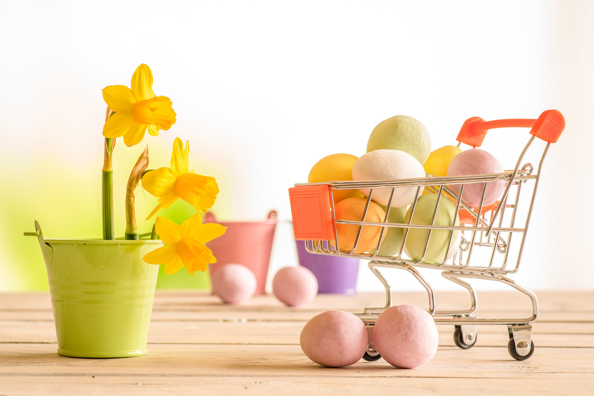 Sony a7R + Minolta AF 100mm F2.8 Macro [New] sample photo. Shopping cart with colorful easter eggs photography