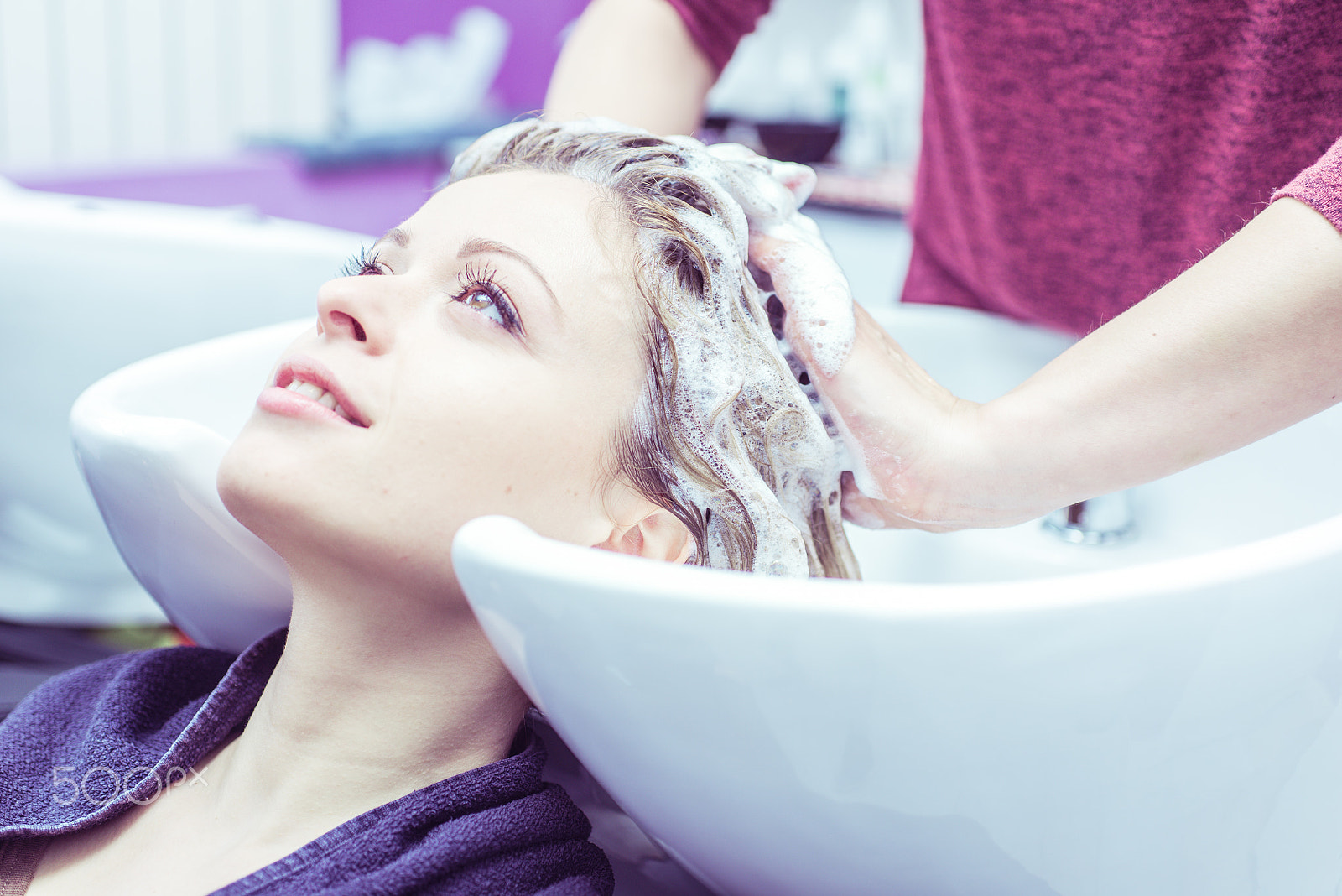 Nikon D610 + Sigma 50mm F2.8 EX DG Macro sample photo. Woman make shampoo at the hair dresser photography