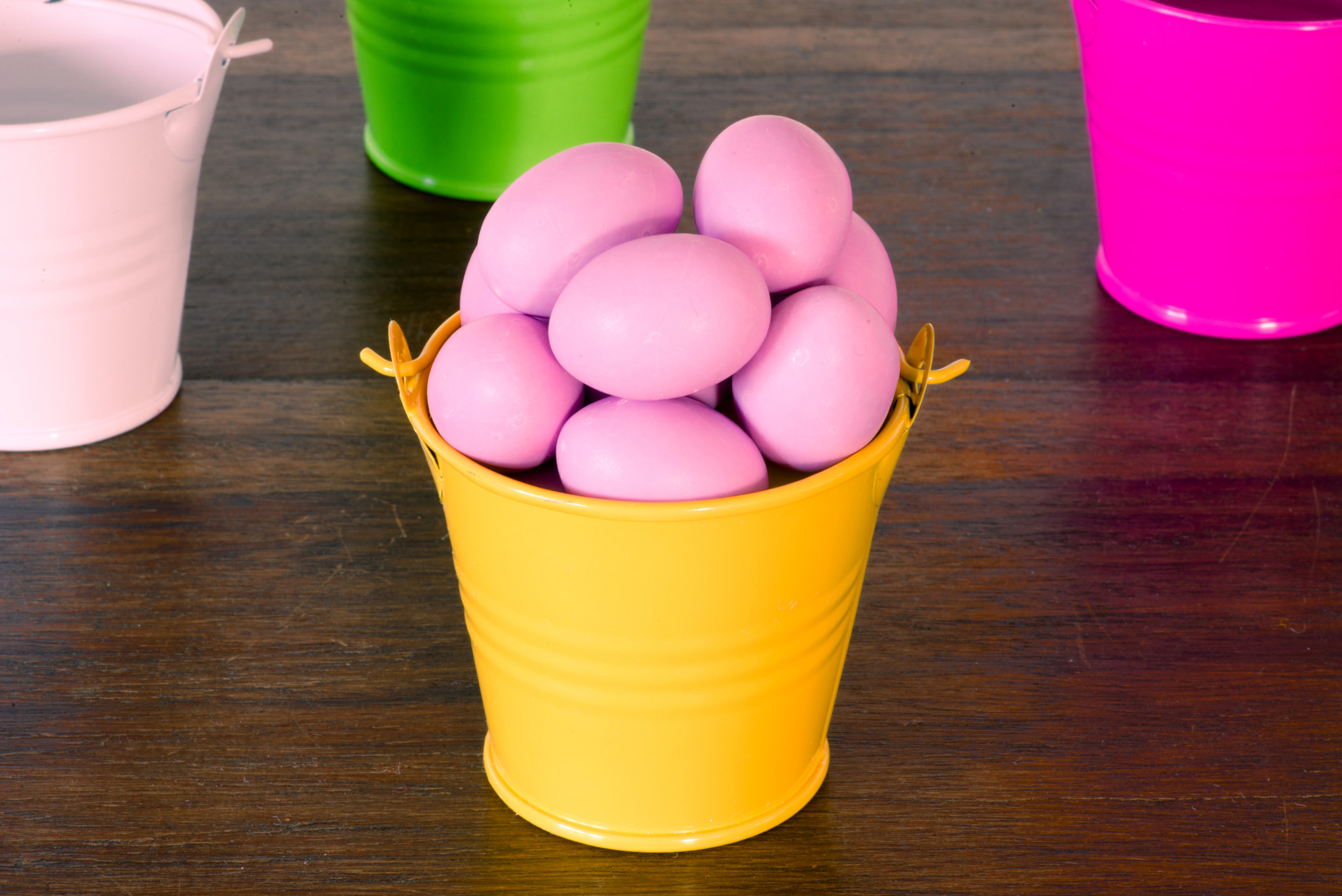 Sony a7R + Minolta AF 100mm F2.8 Macro [New] sample photo. Violet easter eggs in a yellow bucket photography