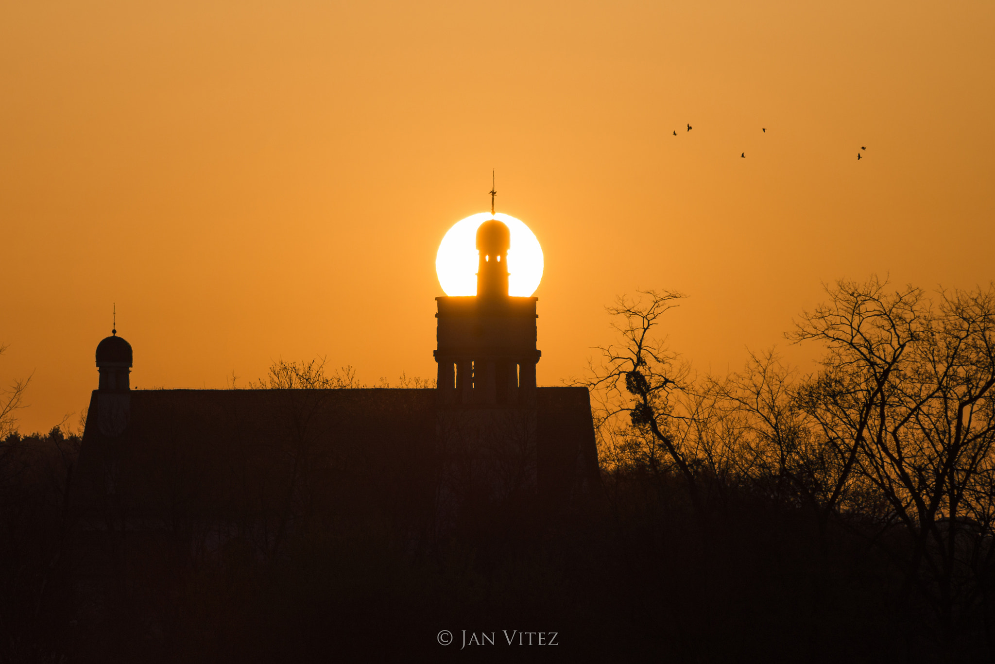 Nikon D610 + Sigma 50-150mm F2.8 EX APO DC HSM II + 1.4x sample photo. Plecnik's church in front of the rising sun photography