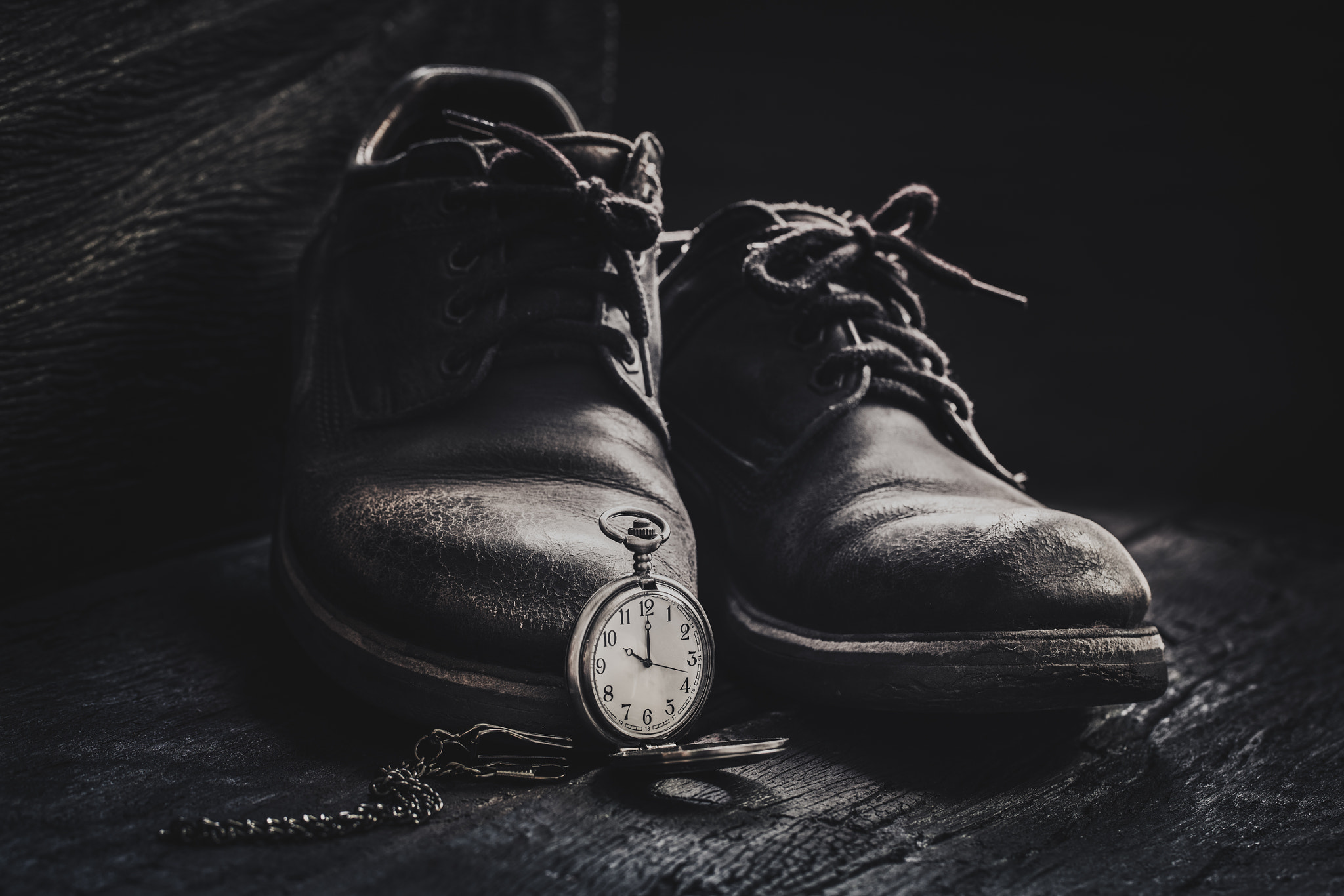 Sony a7R II + Canon EF 100mm F2.8L Macro IS USM sample photo. Old leather shoes on weathered wood and pocket watch photography