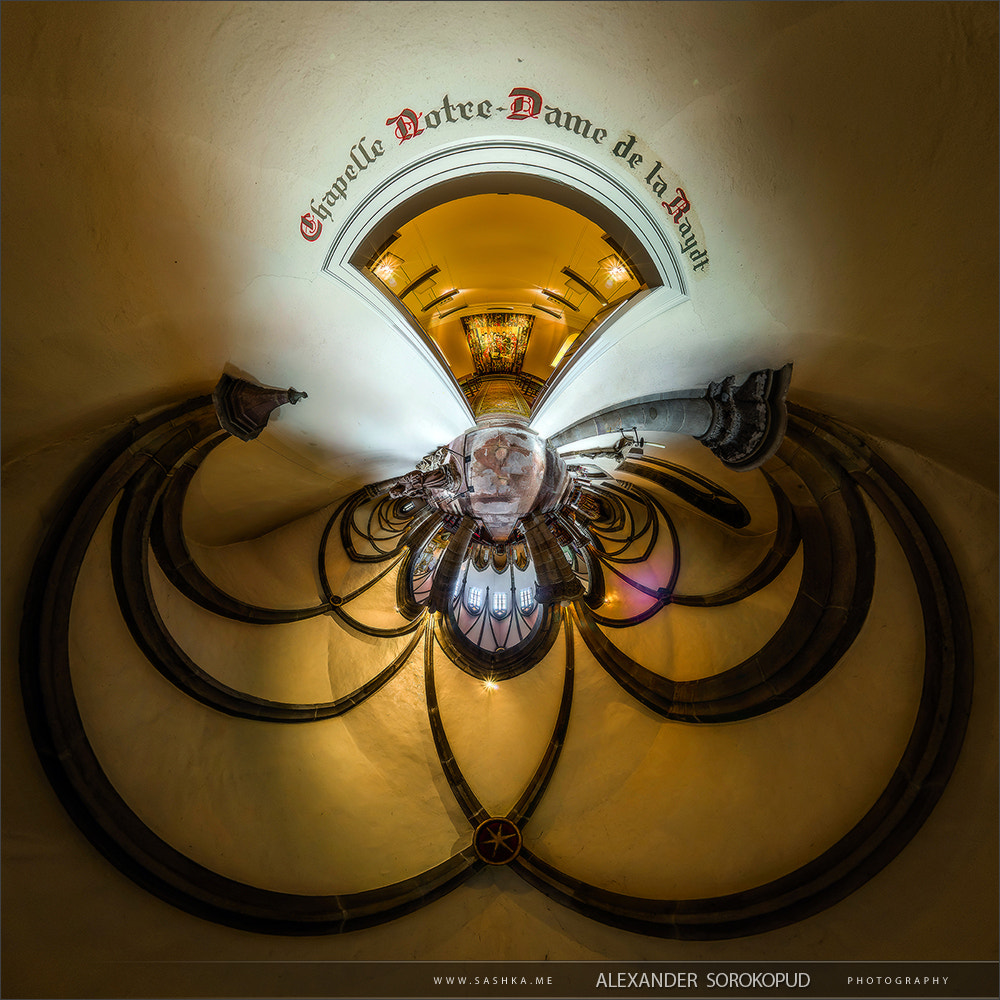 Kaleidoscope view of gothic church interior, little planet effec