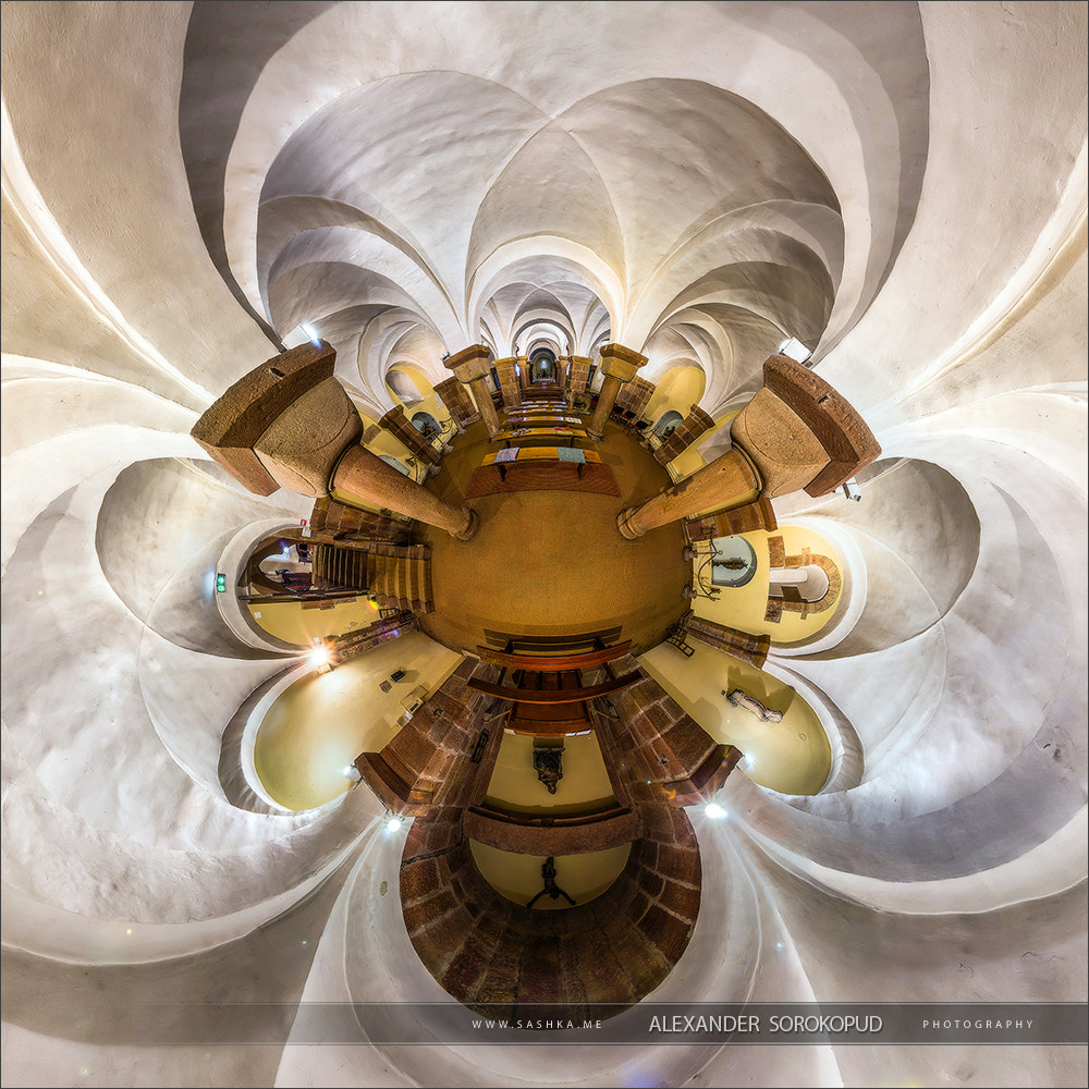 Kaleidoscope view of gothic church interior, little planet effec