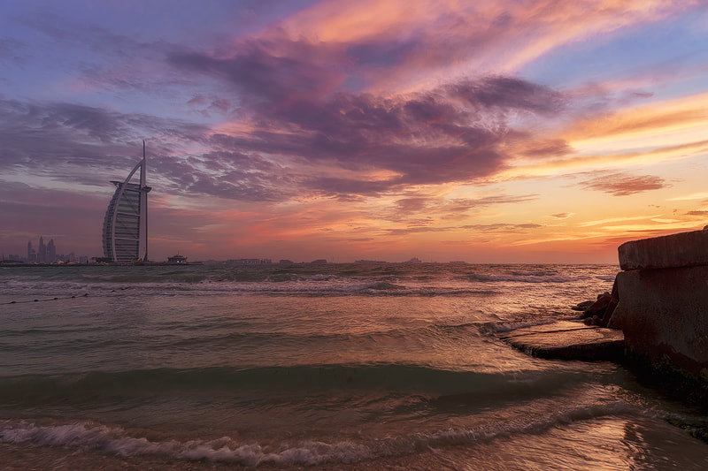 Canon TS-E 24.0mm f/3.5 L II sample photo. Sunset at burj al arab - dubai photography