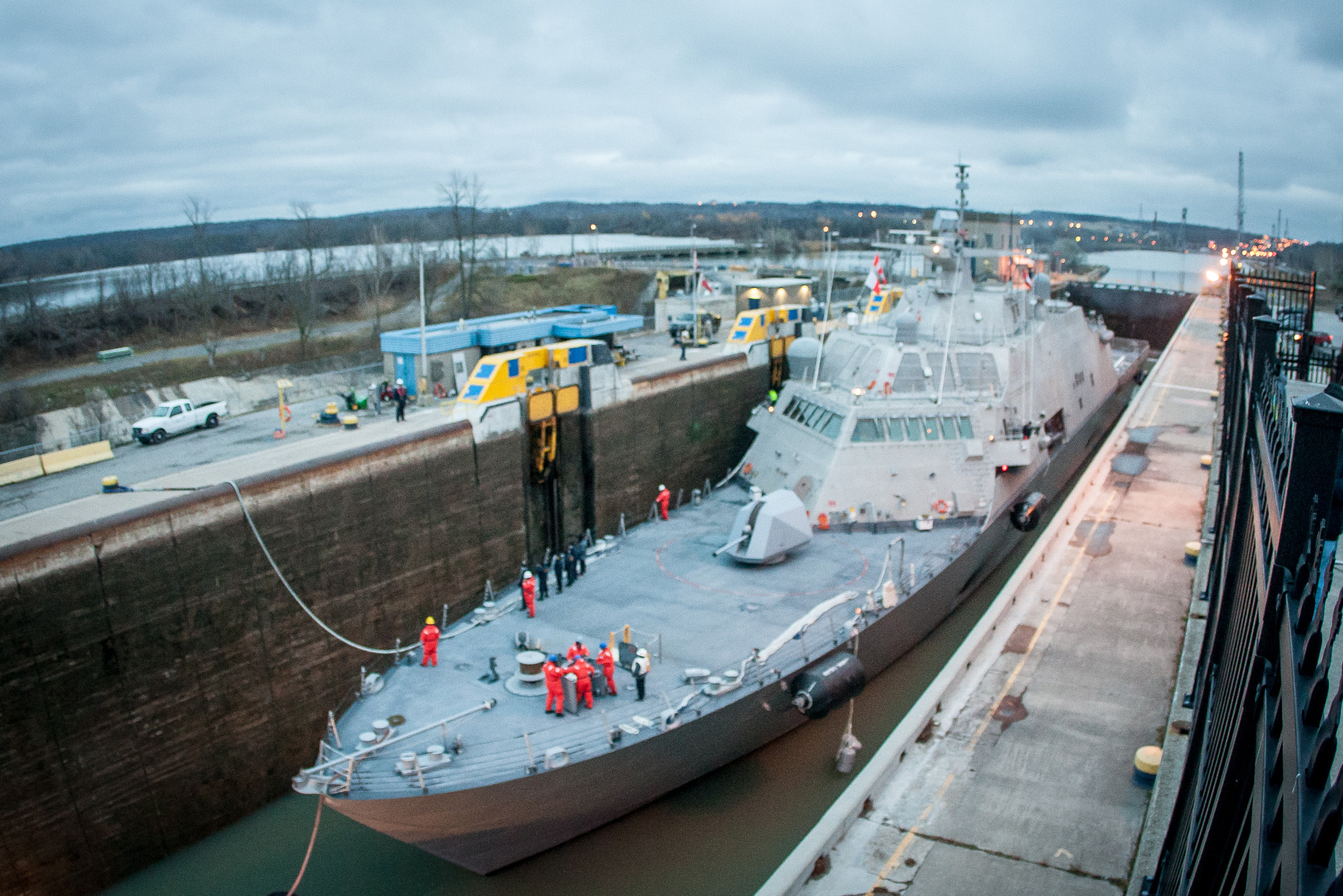 Canon EOS 30D + Canon EF 15mm F2.8 Fisheye sample photo. Uss milwaukee in canal photography