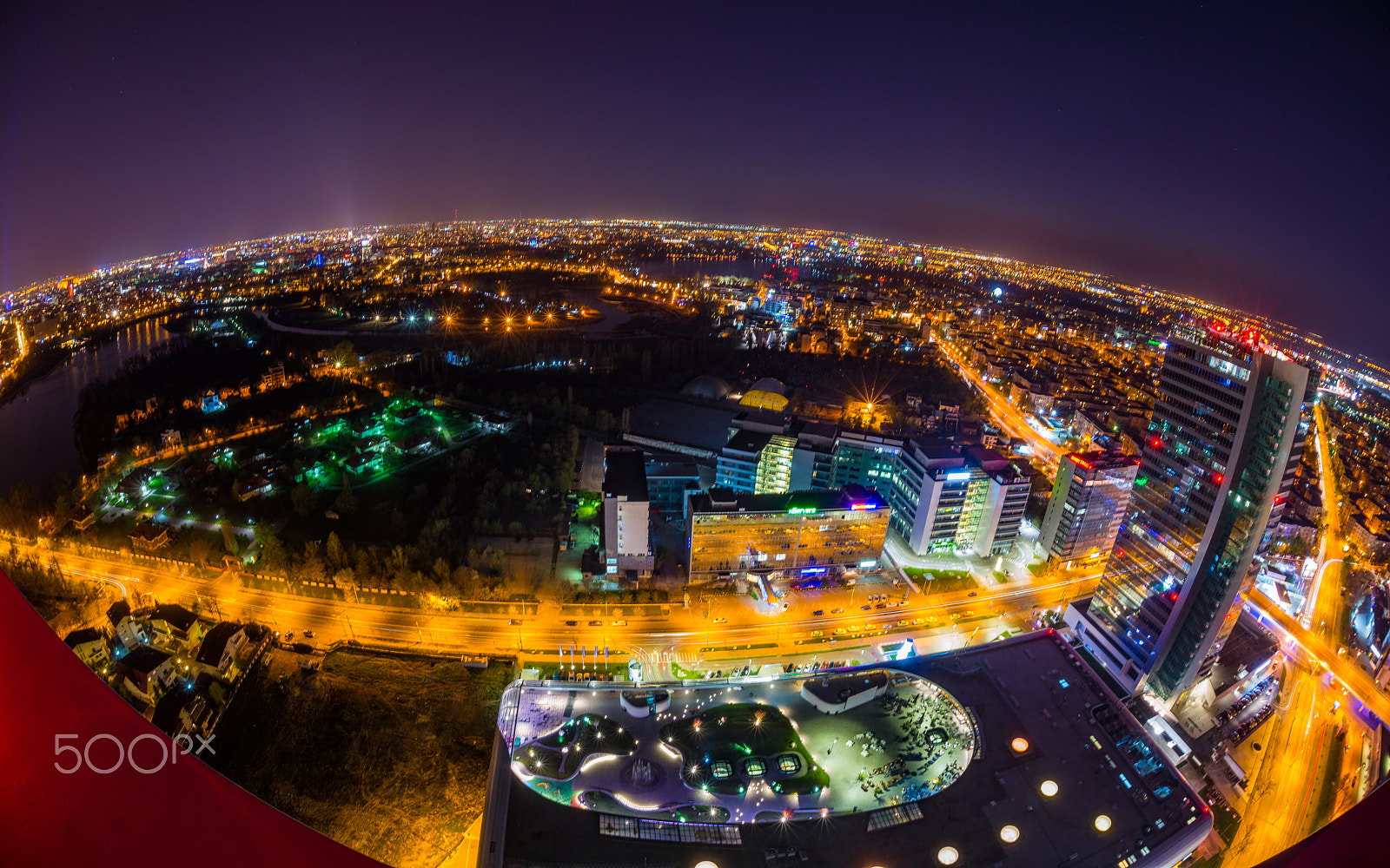 Nikon D800 + Sigma 15mm F2.8 EX DG Diagonal Fisheye sample photo. Twilight over bucharest from the tallest building photography