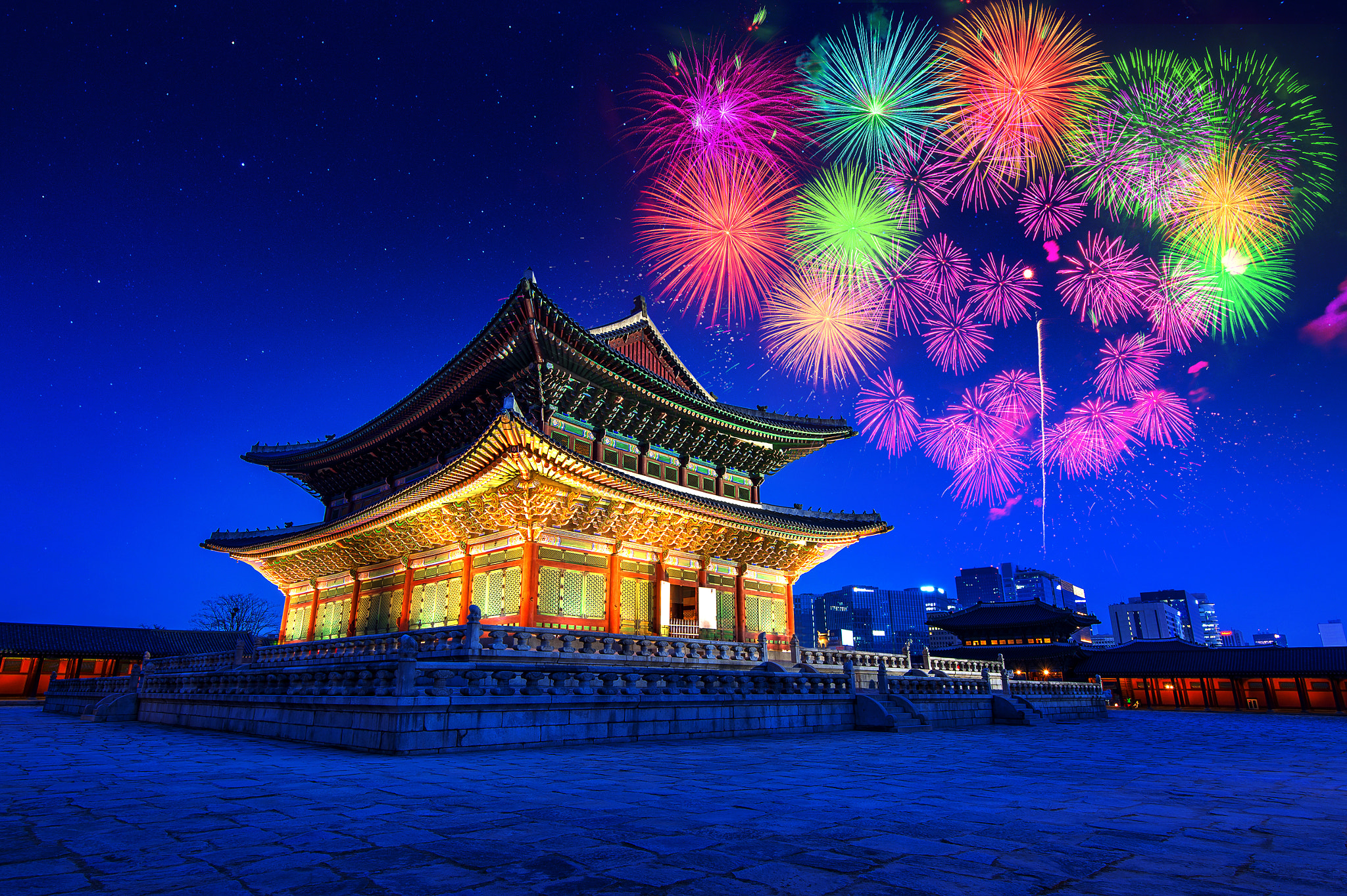 Nikon D4S sample photo. Gyeongbokgung palace at night and firework festival in seoul,kor photography