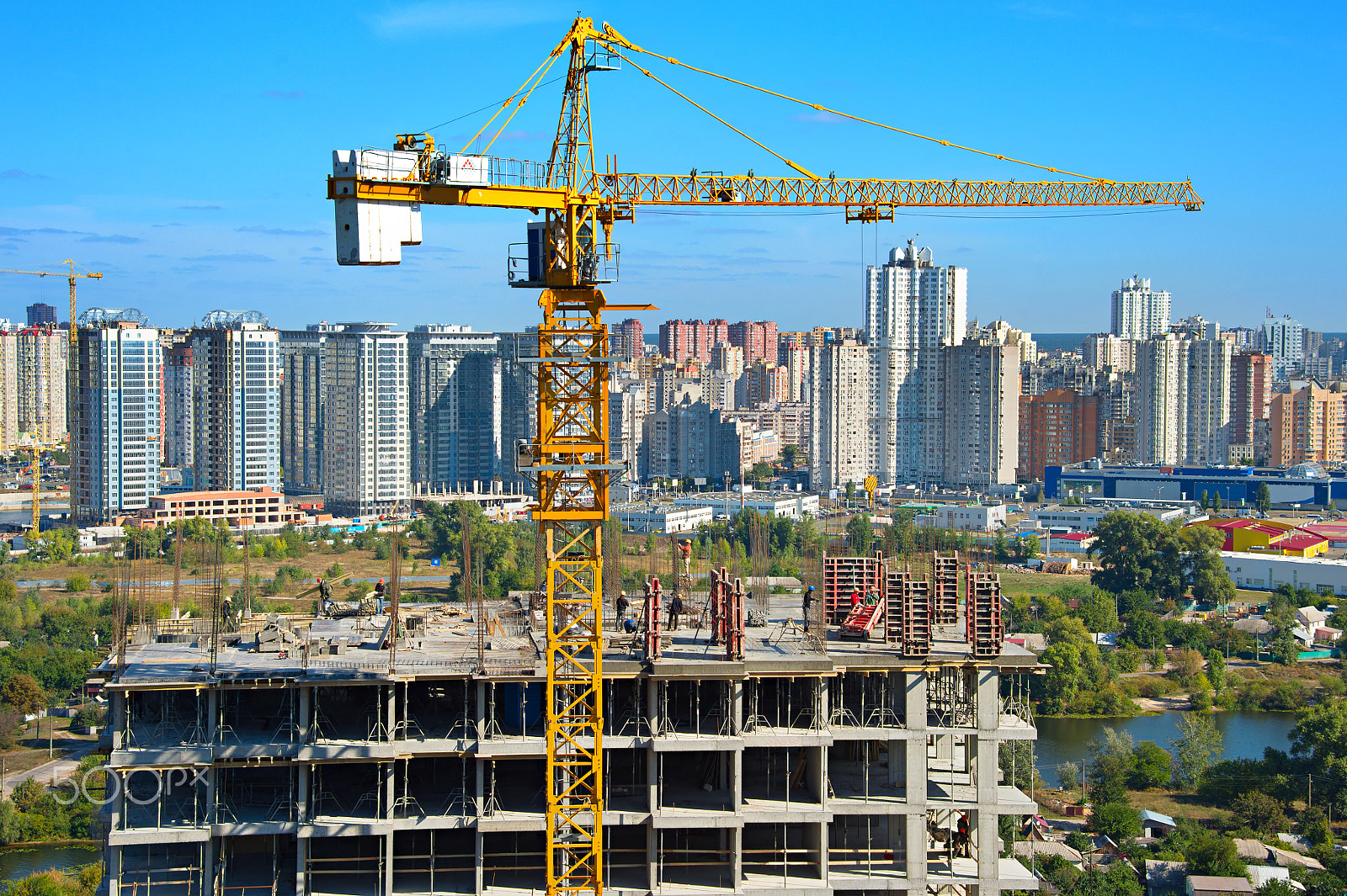 Nikon Df sample photo. Construction crane and workers photography