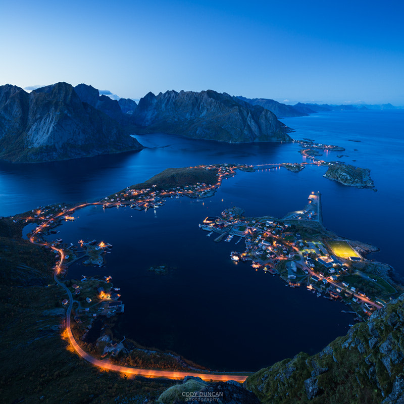 Nikon D800 + Nikon PC-E Nikkor 24mm F3.5D ED Tilt-Shift sample photo. Evening twilight over reine from summit of reinebringen, moskenesoy, lofoten islands, norway photography