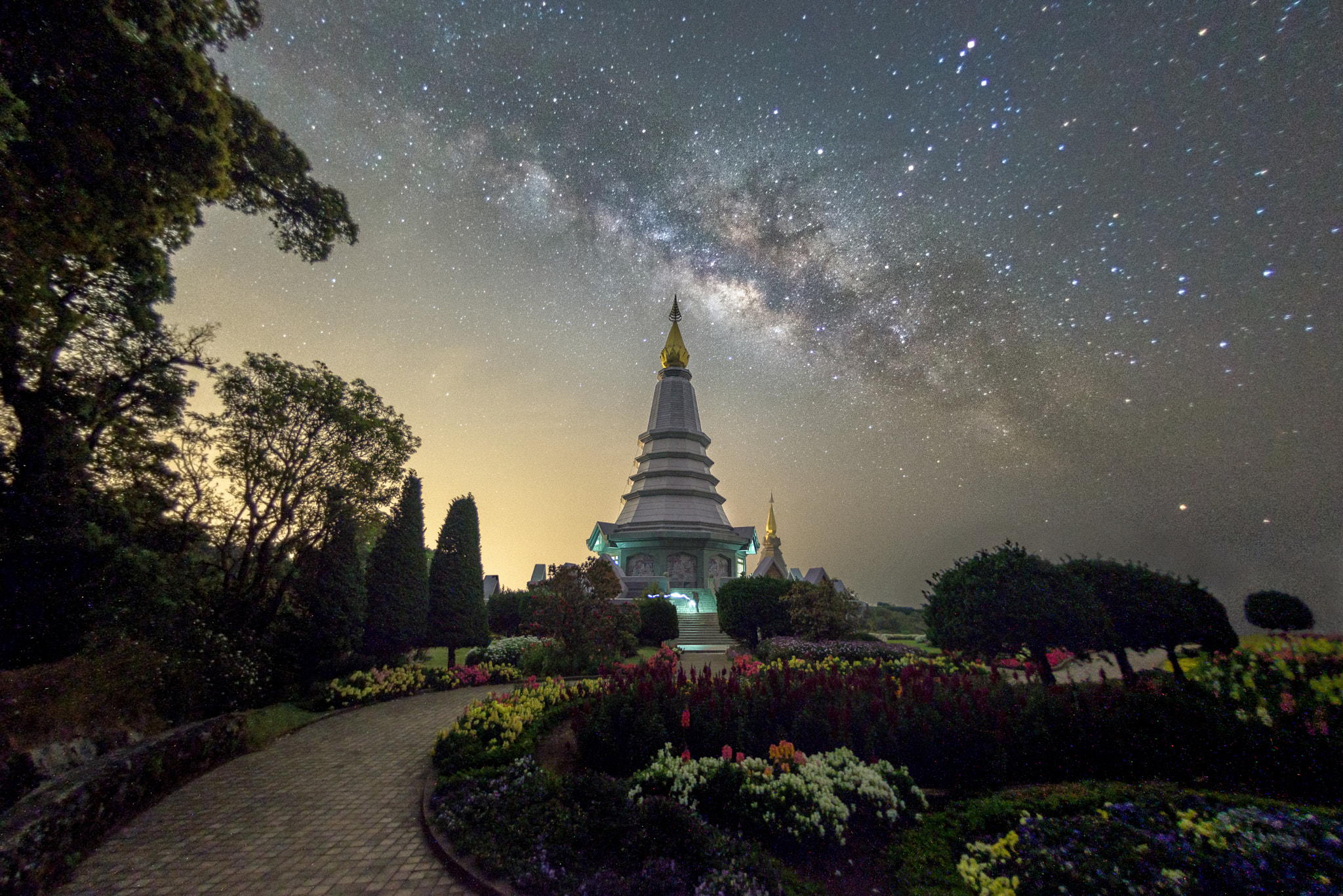 Nikon D610 + Nikon AF Fisheye-Nikkor 16mm F2.8D sample photo. Milky way on night sky with pagoda on the top of inthanon mounta photography