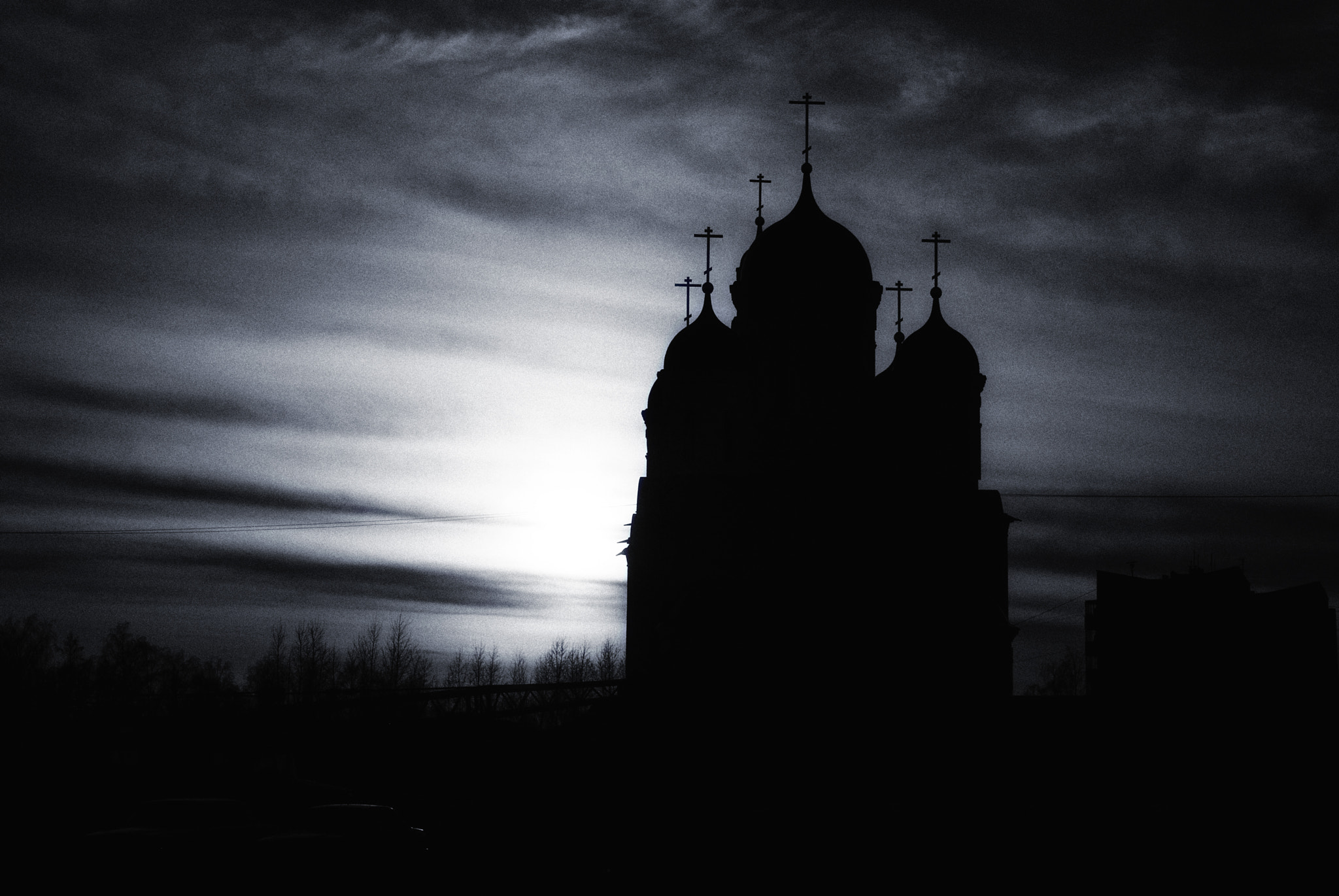 Pentax K200D sample photo. Sunset. russian orthodox church. black&white photography