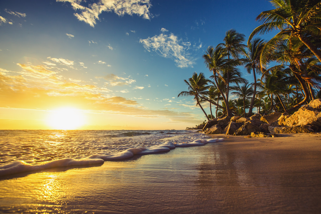 Landscape of paradise tropical island beach, sunrise shot by Valentin Valkov on 500px.com