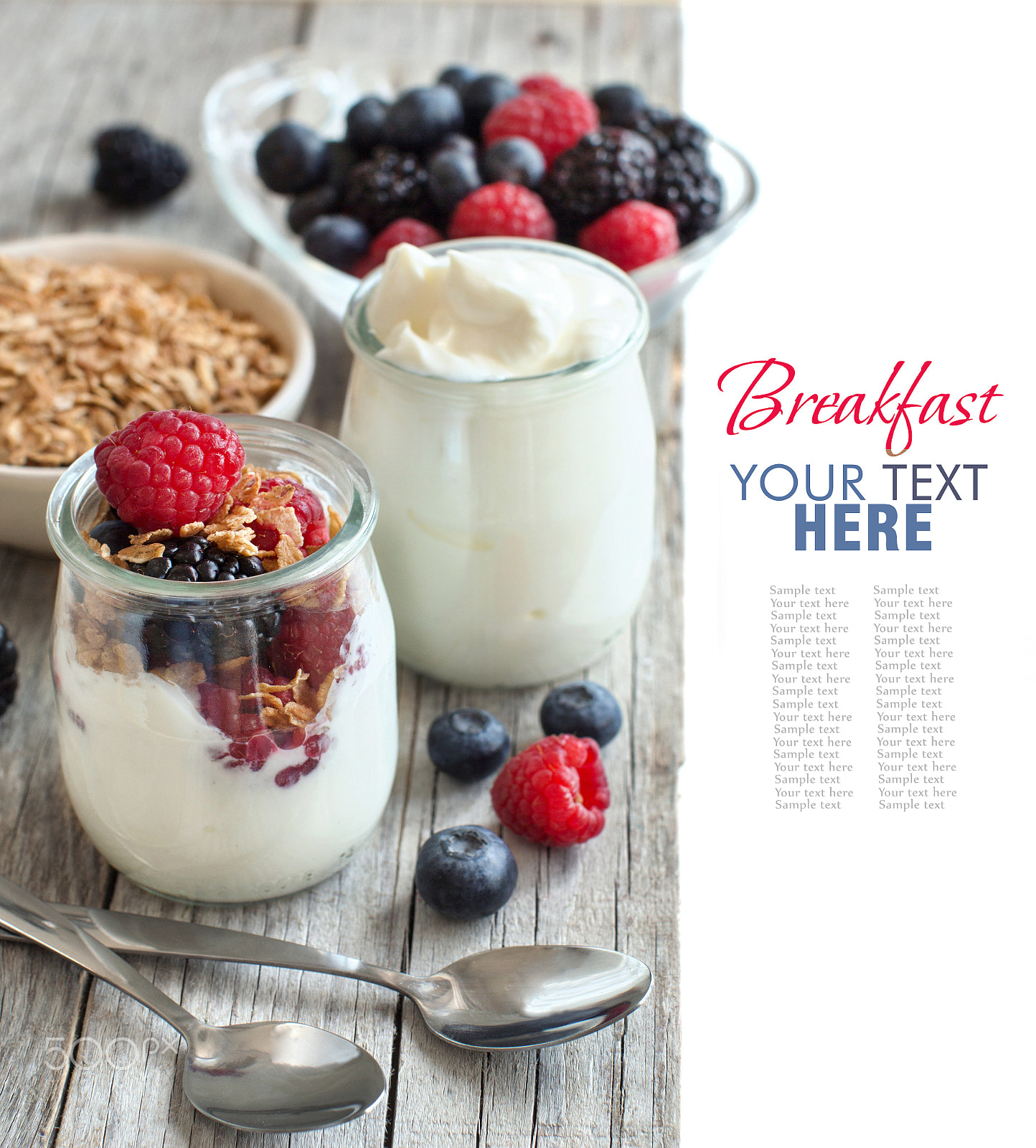 Canon EOS 650D (EOS Rebel T4i / EOS Kiss X6i) + Canon EF 50mm F1.2L USM sample photo. Healthy breakfast with fresh greek yogurt, flakes and berries photography