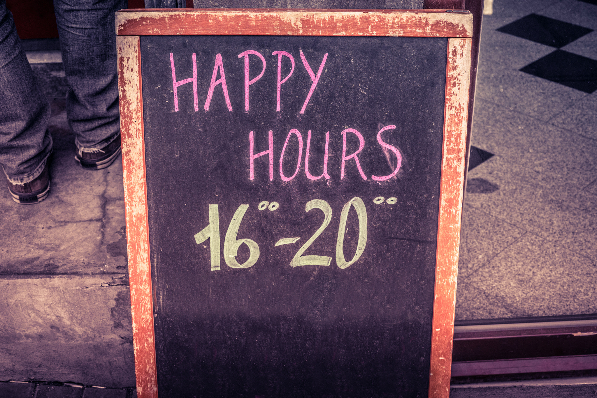 Sony a7R + Sony 50mm F1.4 sample photo. Happy hour board with text photography