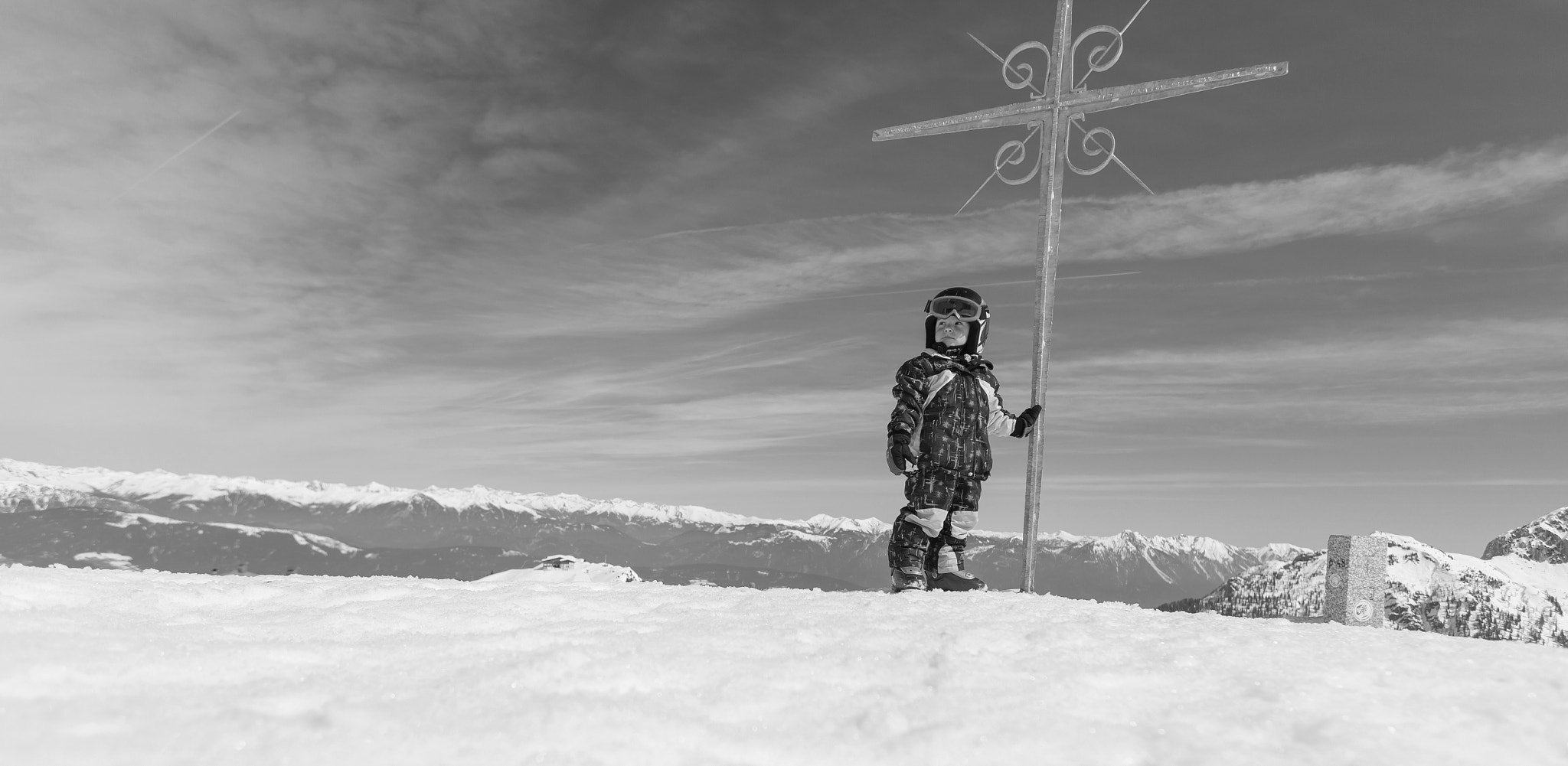 Canon EOS 5D Mark II + Canon EF 16-35mm F2.8L USM sample photo. Cute little skier and alpine panorama. photography
