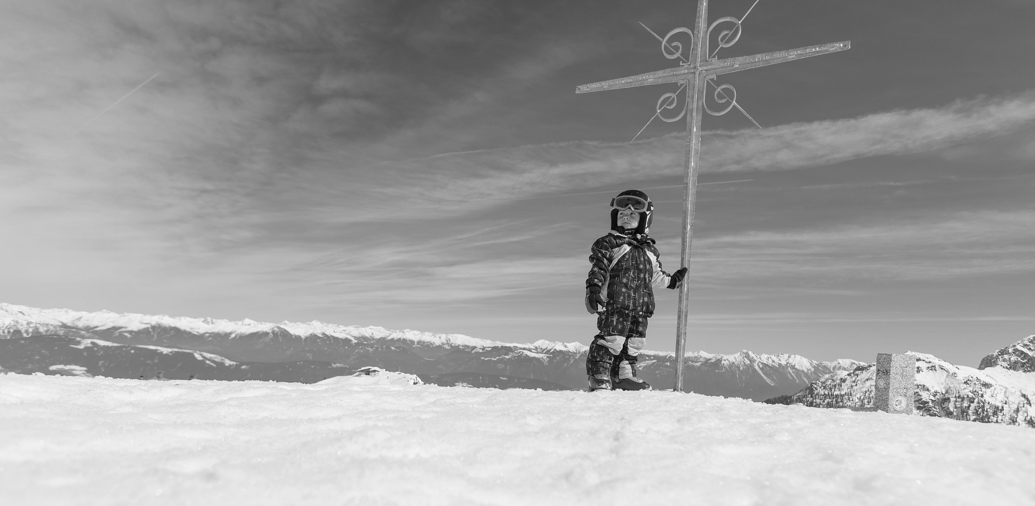 Canon EF 16-35mm F2.8L USM sample photo. Cute little skier and alpine panorama. photography