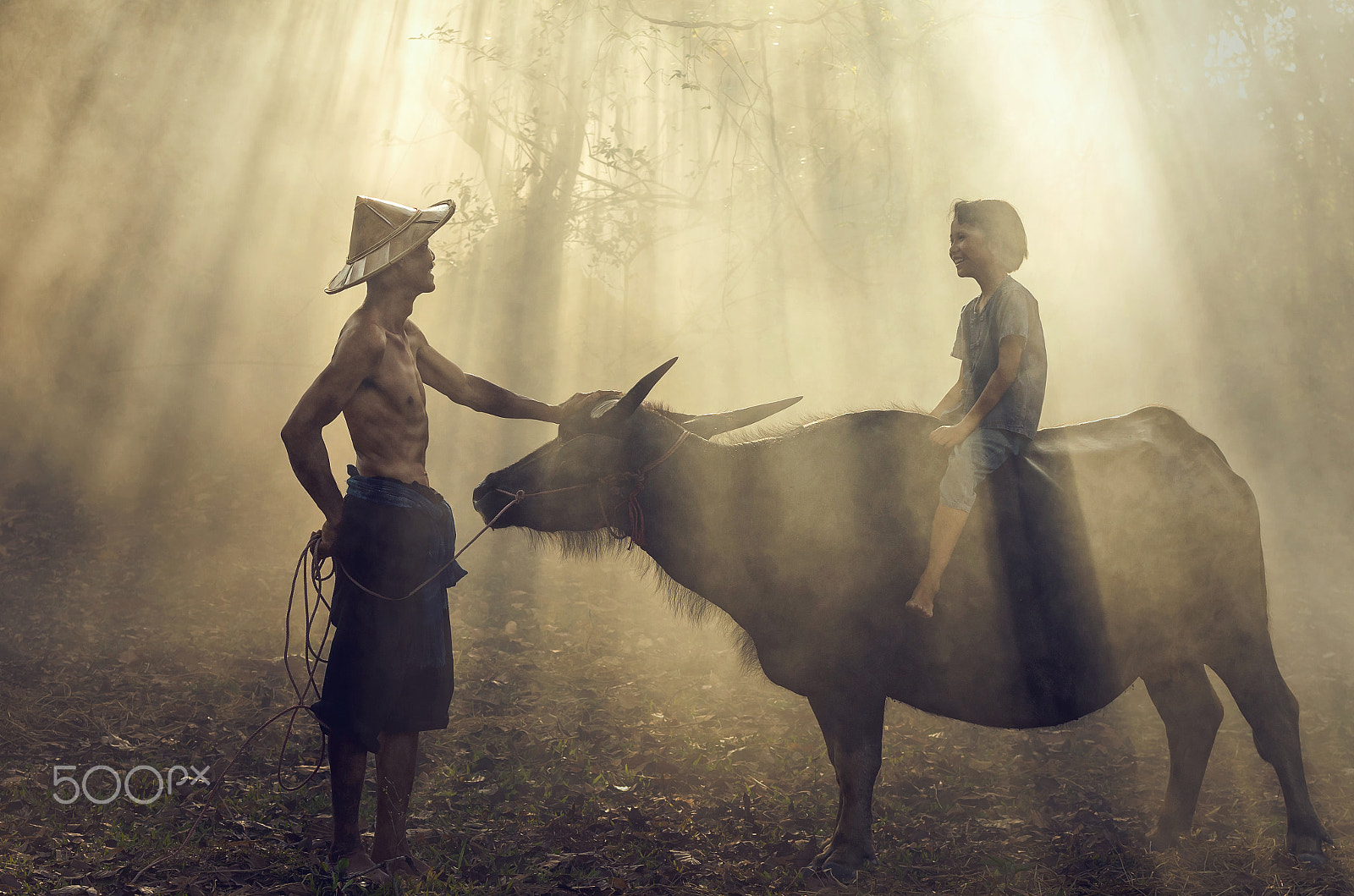 Pentax K-5 IIs sample photo. Asian old man standing and talking with girl riding buffalo over photography