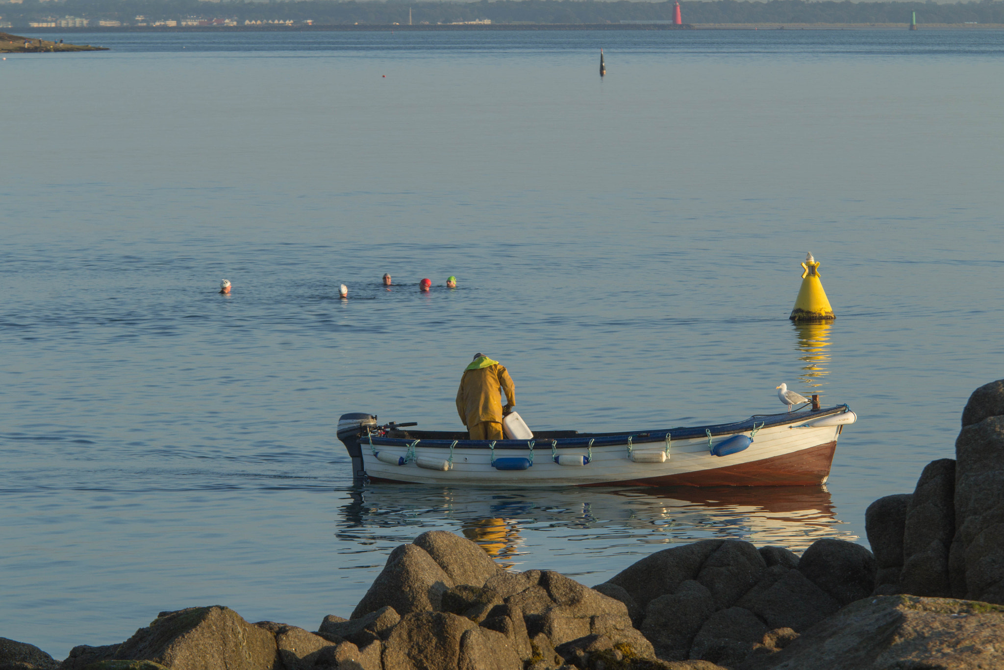 Canon EF 70-200mm F4L IS USM sample photo. Sandycove boatman and swimmers photography