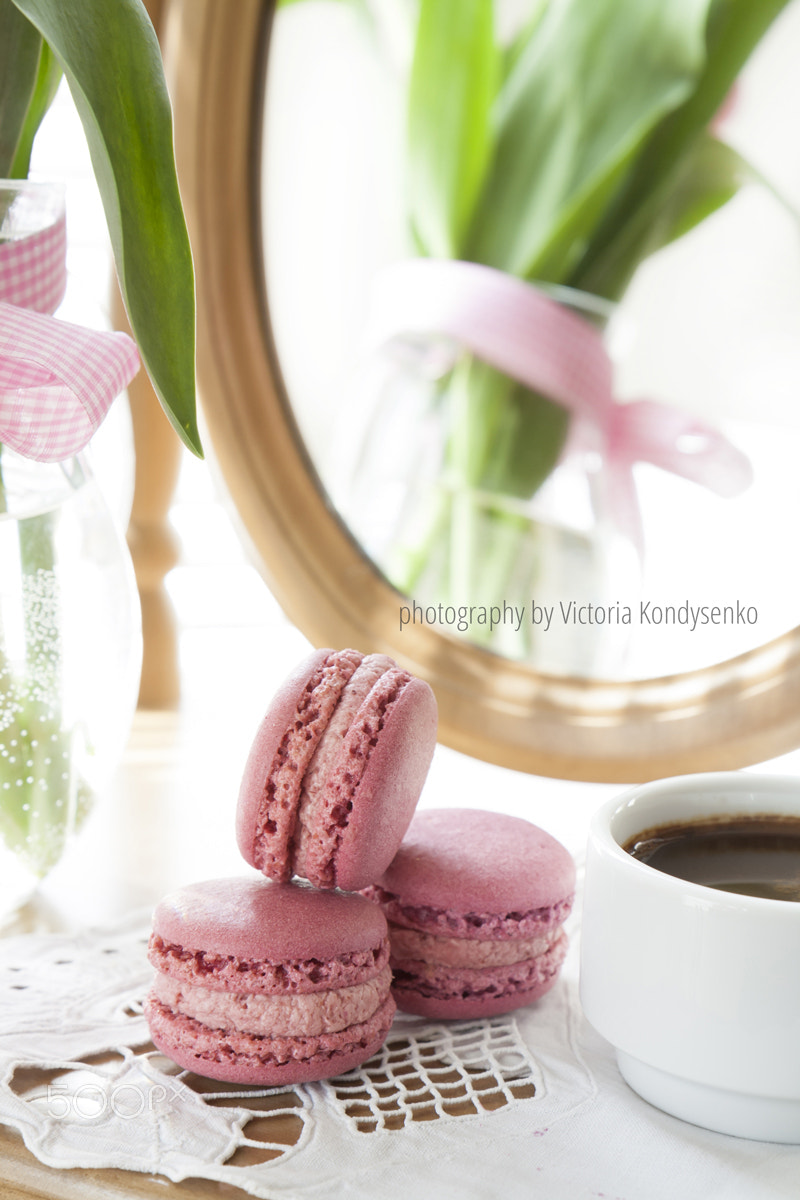 Canon EOS 1000D (EOS Digital Rebel XS / EOS Kiss F) + Canon EF-S 17-55mm F2.8 IS USM sample photo. Three pink macaroons and cup of coffee, pink tulips and mirror, photography