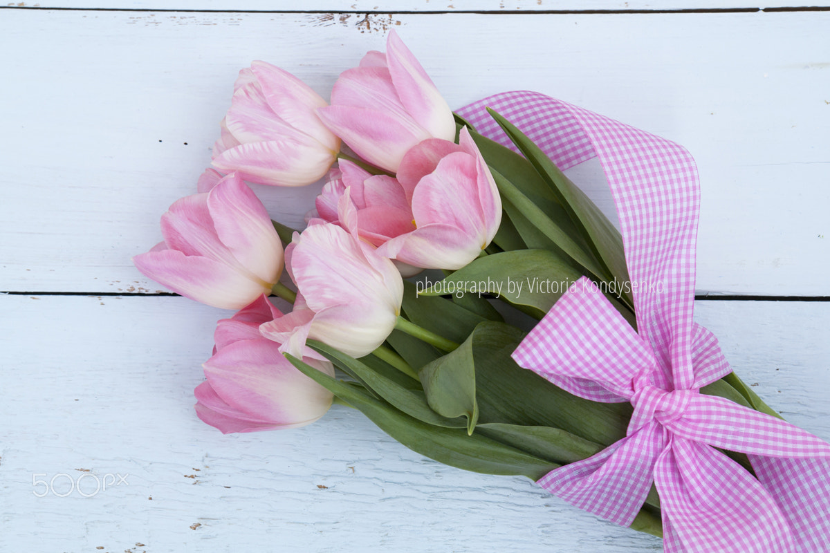 Canon EOS 1000D (EOS Digital Rebel XS / EOS Kiss F) + Canon EF-S 17-55mm F2.8 IS USM sample photo. Beautiful bouquet of pink tulips on light wooden background photography